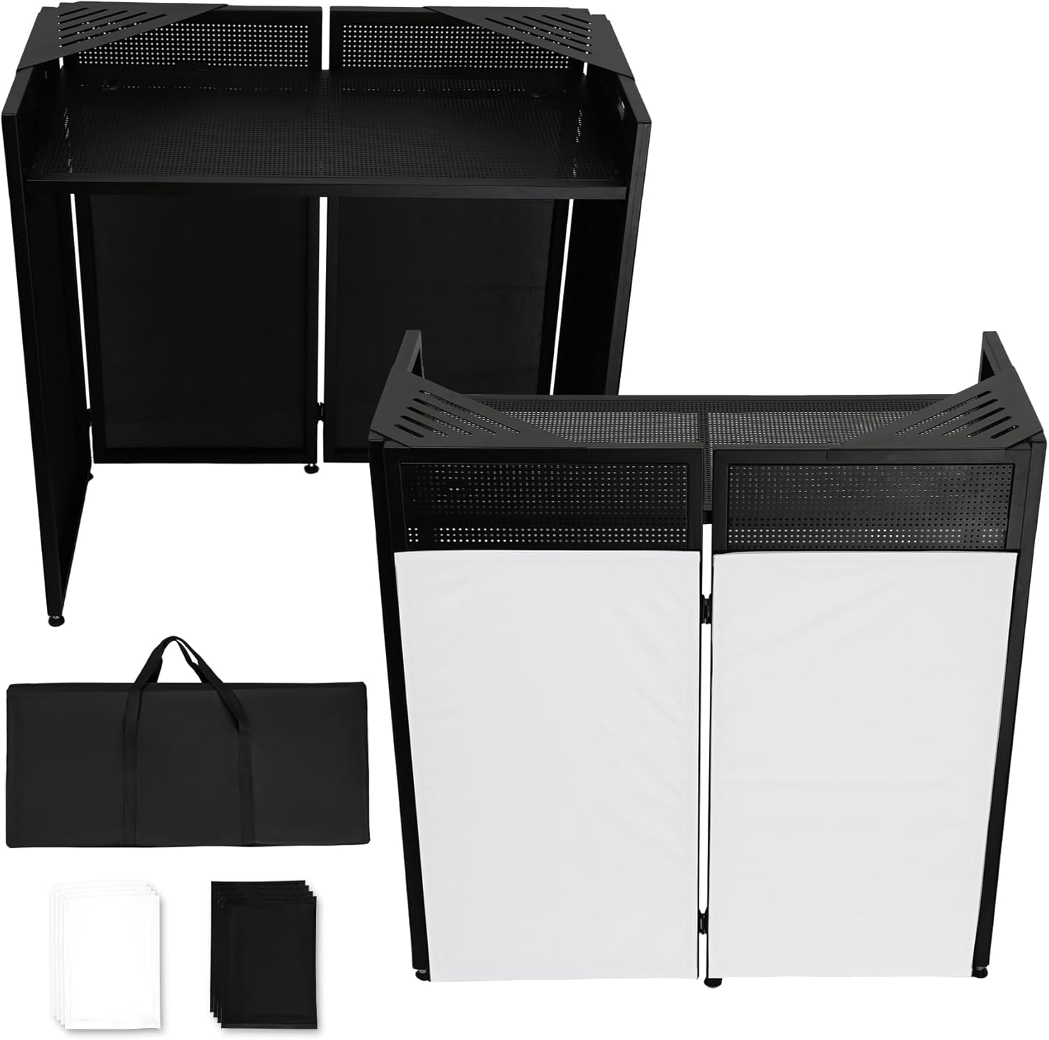 DJ Booth Table Station w/2 Storage Triangular Panel, DJ Facade Booth with Black & White Scrims, Detachable DJ Table, Carrying Bag, Foldable Metal Frame DJ Booth Panel for Show, Wedding, Clubs 40x20 with Triangular Panel