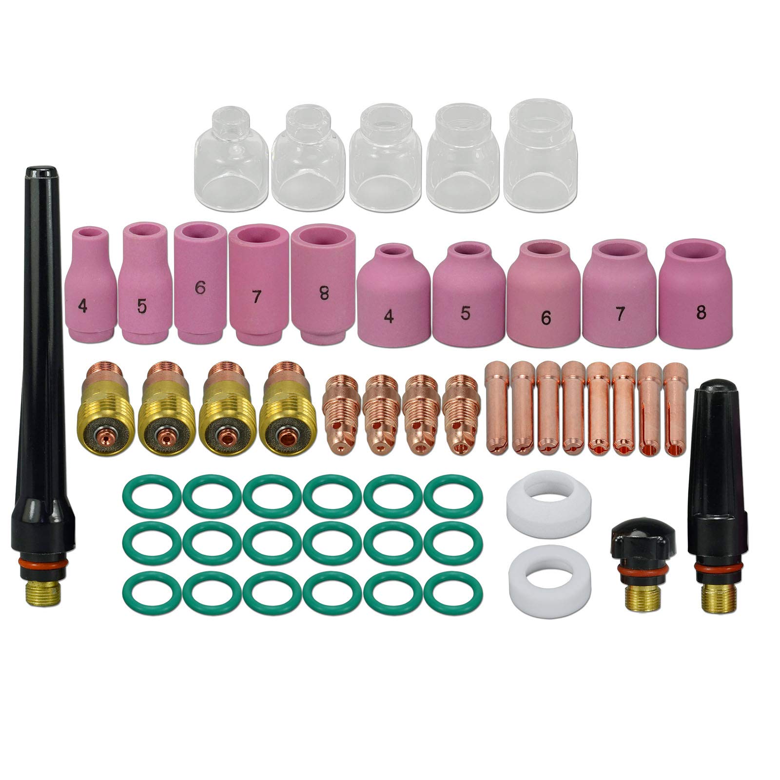 Riverweld Multcolor Tig Stubby Gas Lens Collet Bodies 17Cb20 17Gl 10N Series Glass Cups Clear Quartz Nozzle 4#~8# Alumina Nozzles Ceramic Cups 53N 13N Series For Sr Wp 17 18 26 Tig Welding Torch 54Pcs