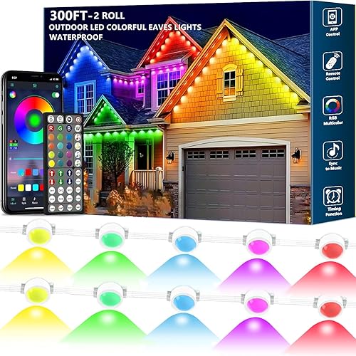 Sxlofty 300FT Permanent Outdoor RGB Lights,IP67 Waterproof Smart LED Eaves Lights with App/Remote Control,for Christmas and All Holiday Decor,Daily and Accent Lighting,House Roof and Garden Lighting - 300FT Permanent Outdoor Lights