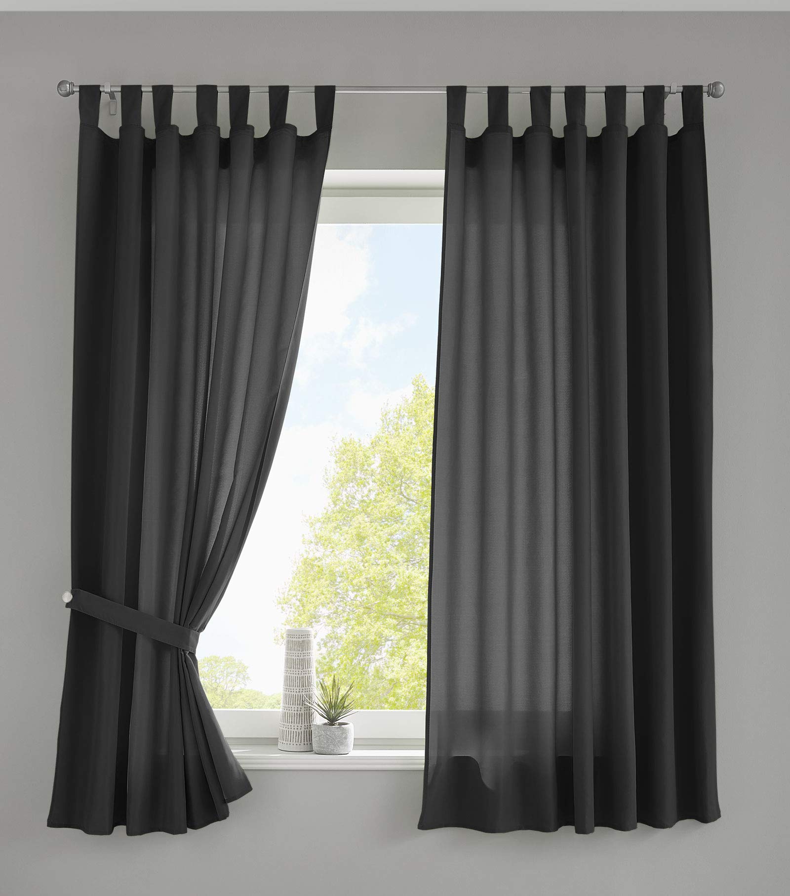 Gardinenbox Berlin 20400N2 Curtains with Loops 175 x 140 cm Black Opaque Microsatin Translucent Ruffle Tape Plain Matt Set of 2
