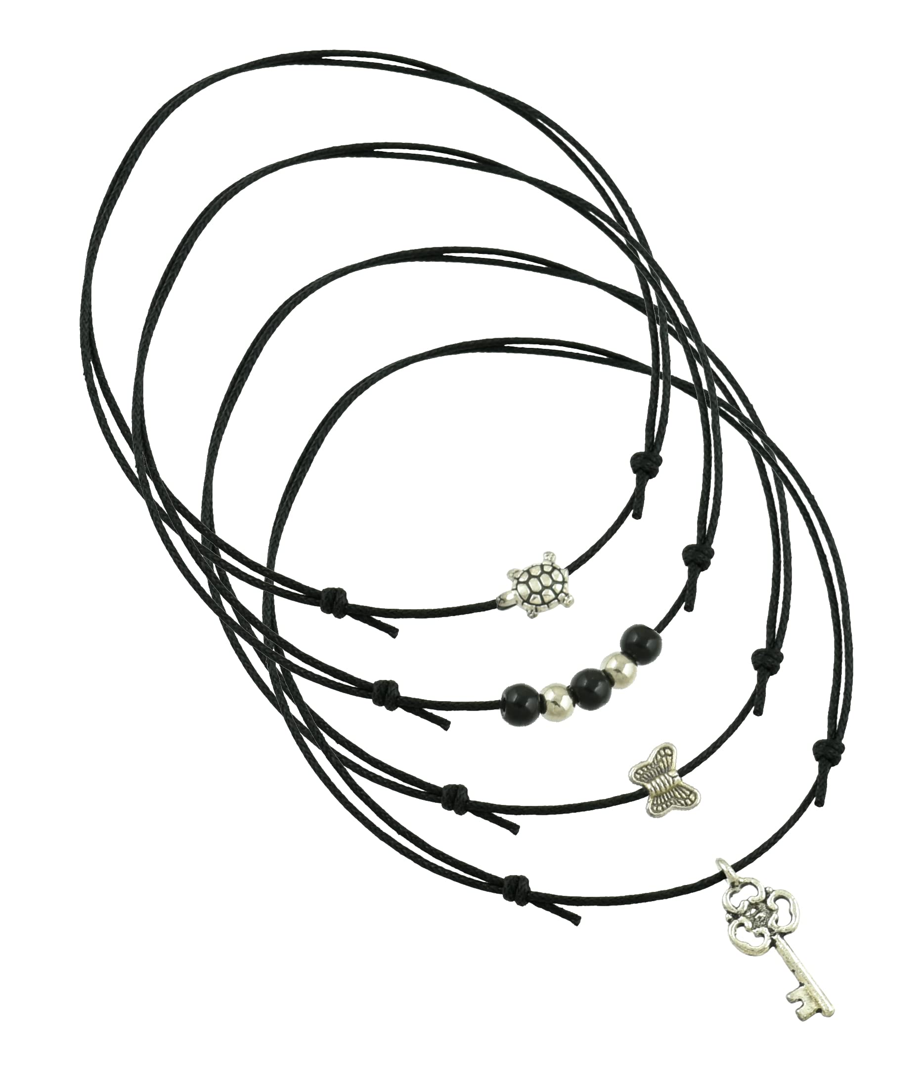 Black Thread Adjustable Knot Oxidised Beads Nazariya Anklet for Girls-image-34