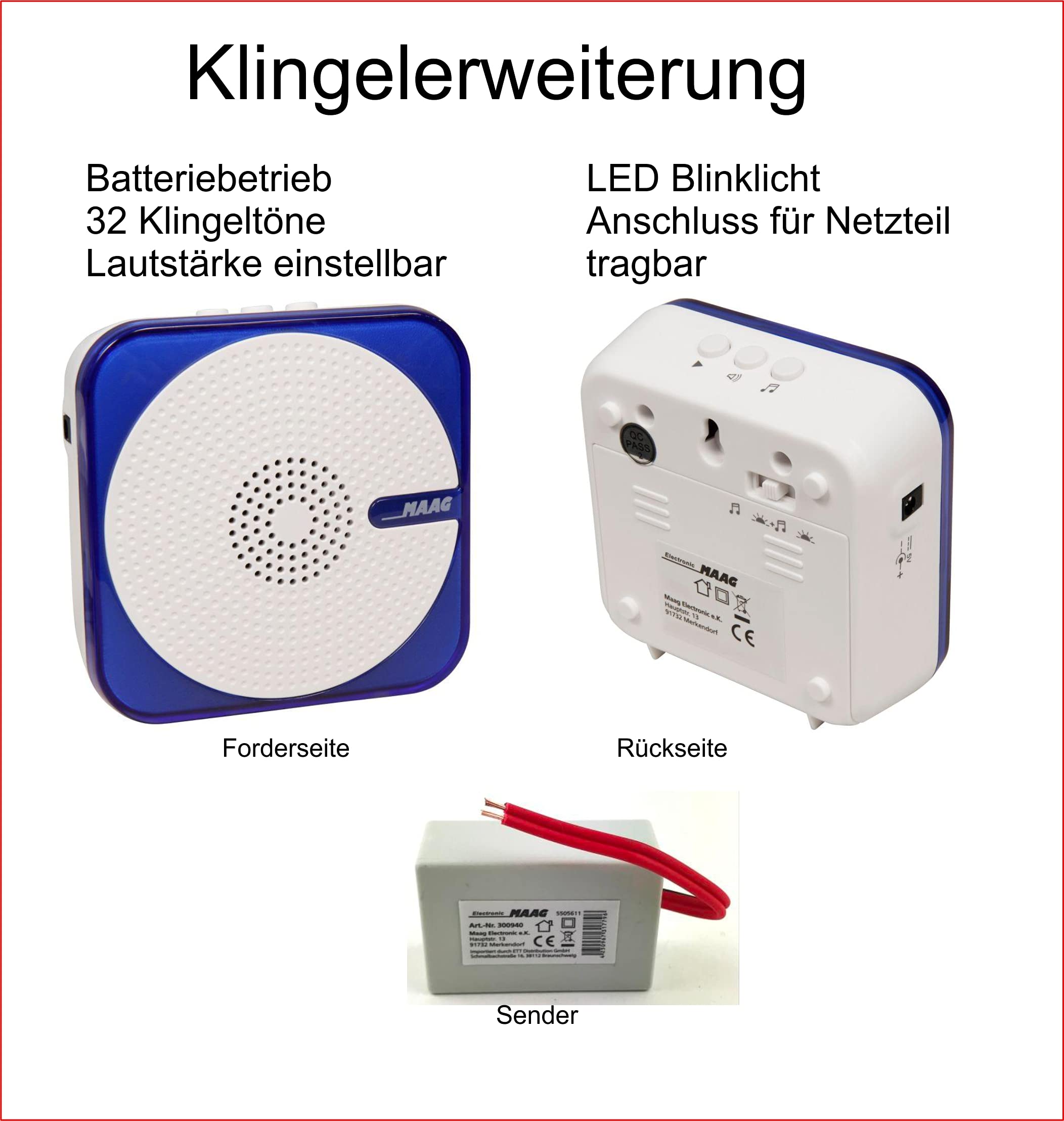 Klingelerweiterungs Set mit batterielosem Sender und tragbaren Empfänger