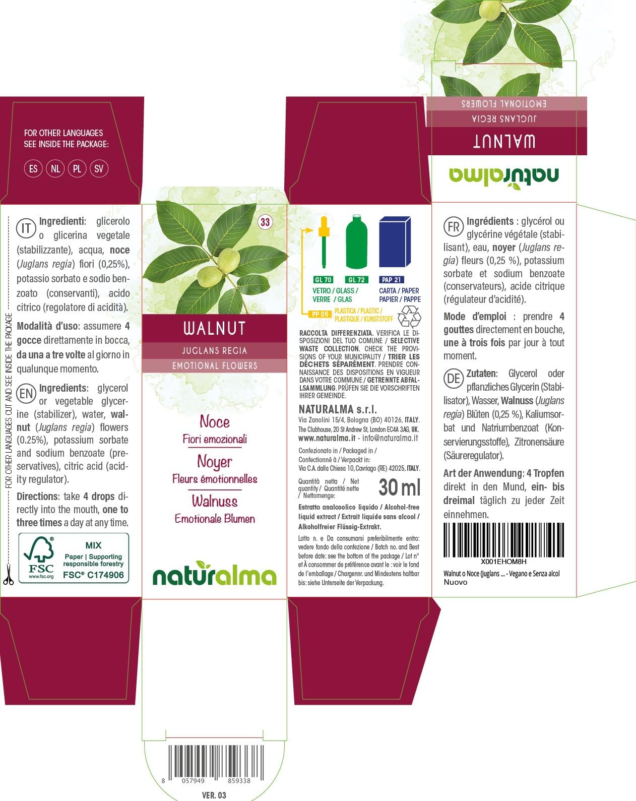 Walnut o Nogal (Juglans regia) Flores emocionales o Flores de Bach Naturalma - Gotas 30 ml - Extracto líquido sin alcohol - Esencias florales - Vegano