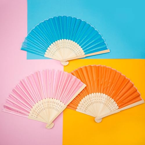Miniatura 3 de Bememo Abanicos de mano plegables de bambú de seda para regalo de boda de iglesia, regalos de fiesta, decoración de bricolaje (multicolor, paquete