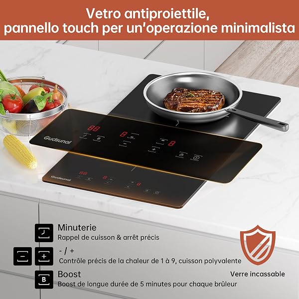 Gudsunal Plaque Induction 2 Feux Encastrable, 3600 W, Chauffage à Basse Puissance, Boost, 9 Niveaux de Puissance, Minuterie, Arrêt Auto, Verrou de Sécurité Enfant, Détecteur de Casserole - 3