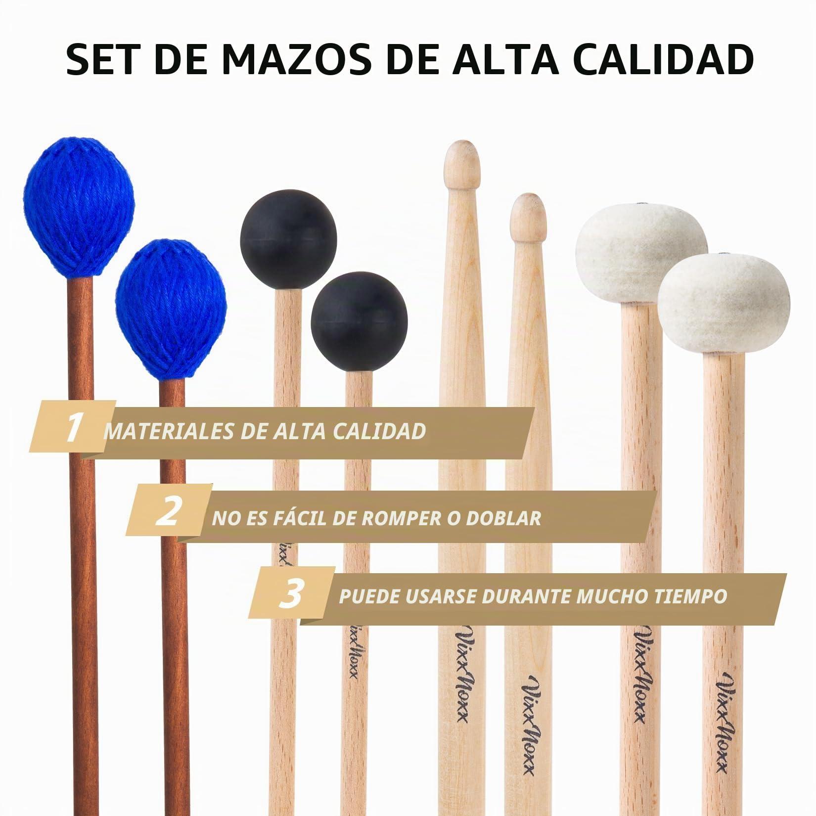 Kit de mazos de batería - 4 pares (fieltro, goma, marimba, 5A) baquetas con bolsa, instrumentos de percusión, accesorios para principiantes para tambor de acero, bombo, platillos,