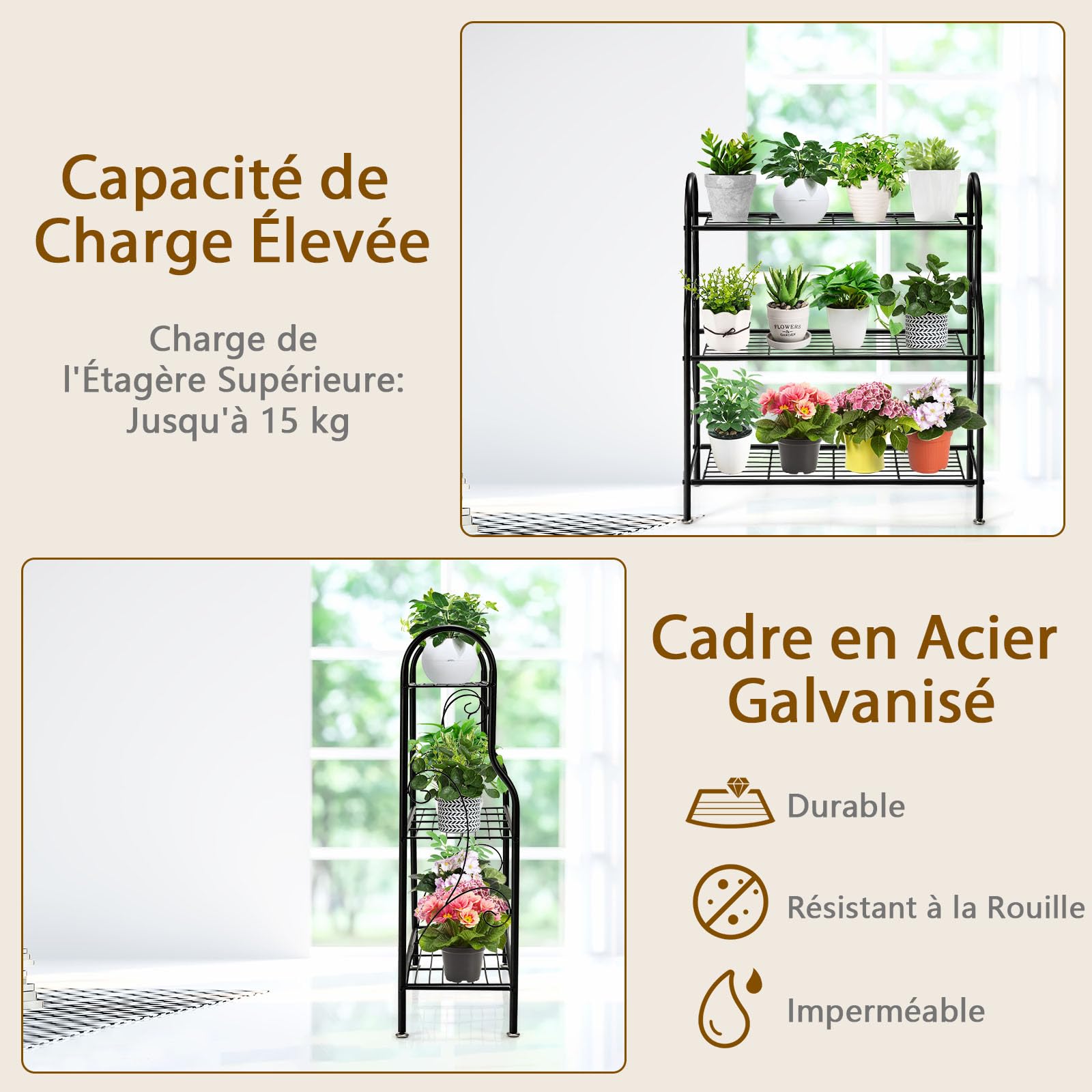 GOPLUS 3 Niveaux Support pour Plantes en Métal, Étagères Ouvertes et Pieds Réglables, Étagère en Fer Imperméable pour Utilisation Intérieure et Extérieure, Noir