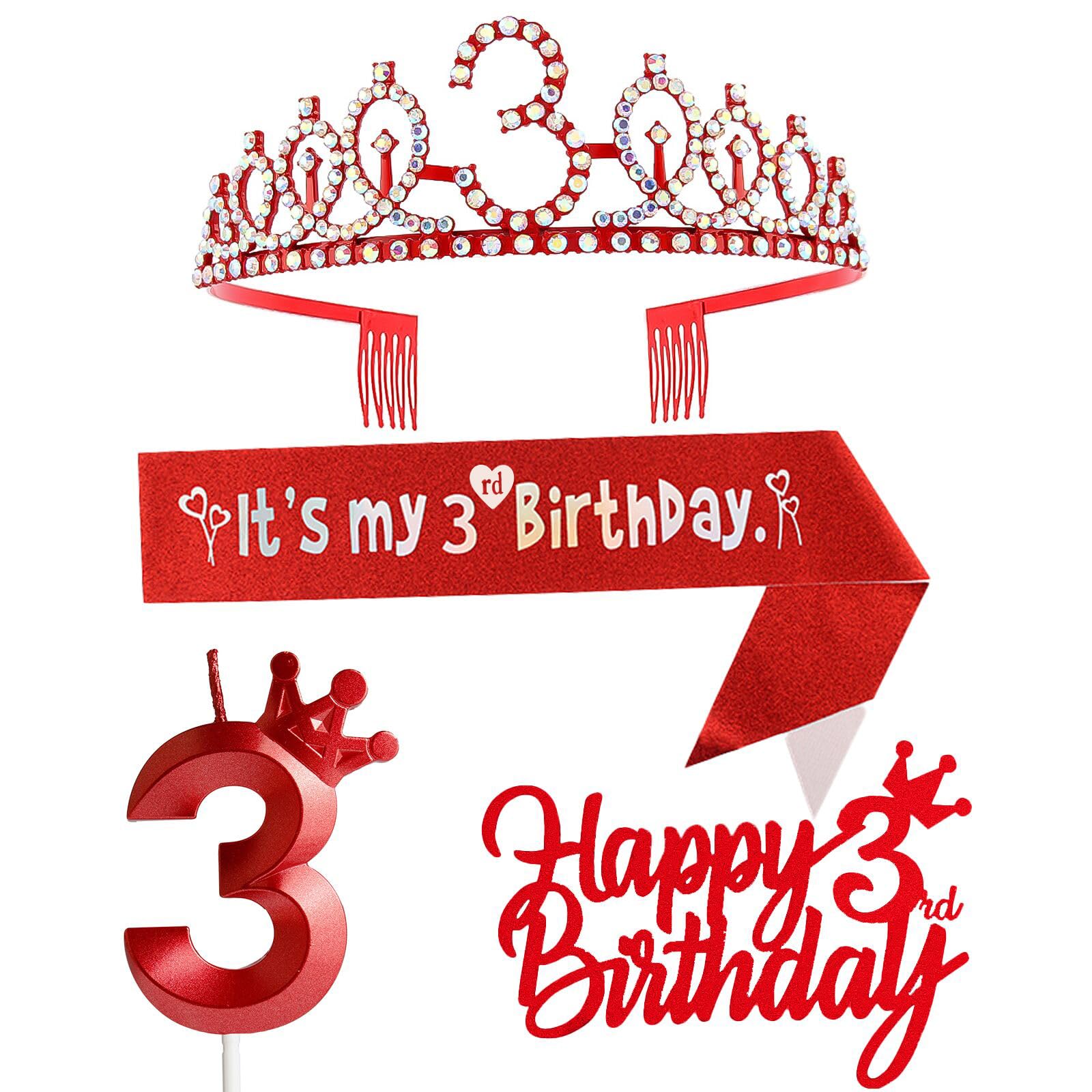 3rd Birthday Decorations for Girl - Including Crown/Tiara, Sash, Cake Toppers, Number 3 Candles - Red Party Supplies