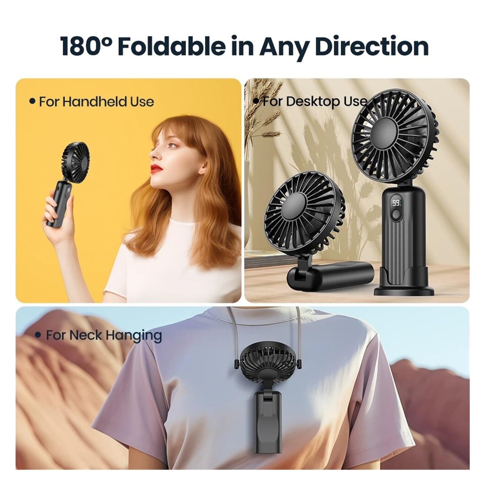 XJBTBA Ventilador portátil Mini Ventilador portátil USB Recargable Mano Cuello Ventilador 3 en 1 Ventilador eléctrico Personal Ventiladores de pie para habitación Camping Plegable (Azul 5000 mAh)