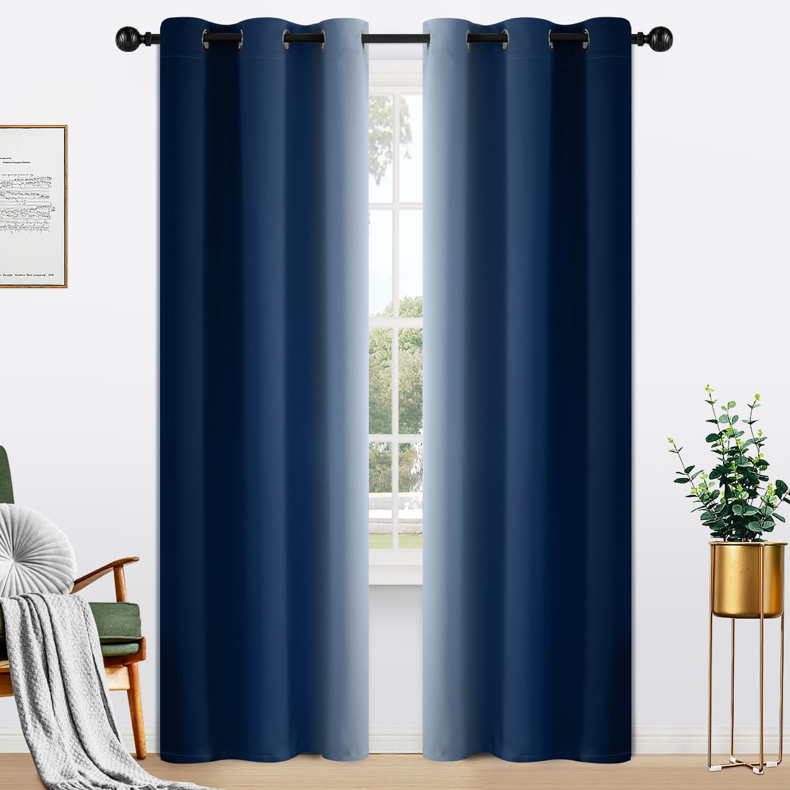 Yakamok Light Blocking Ombre Curtains, Greyish White and Blue Gradient Color Curtains, Room Darkening Grommet Window Drapes for Bedroom(Blue, 42x84 Inch, 2 Panels) — image 1