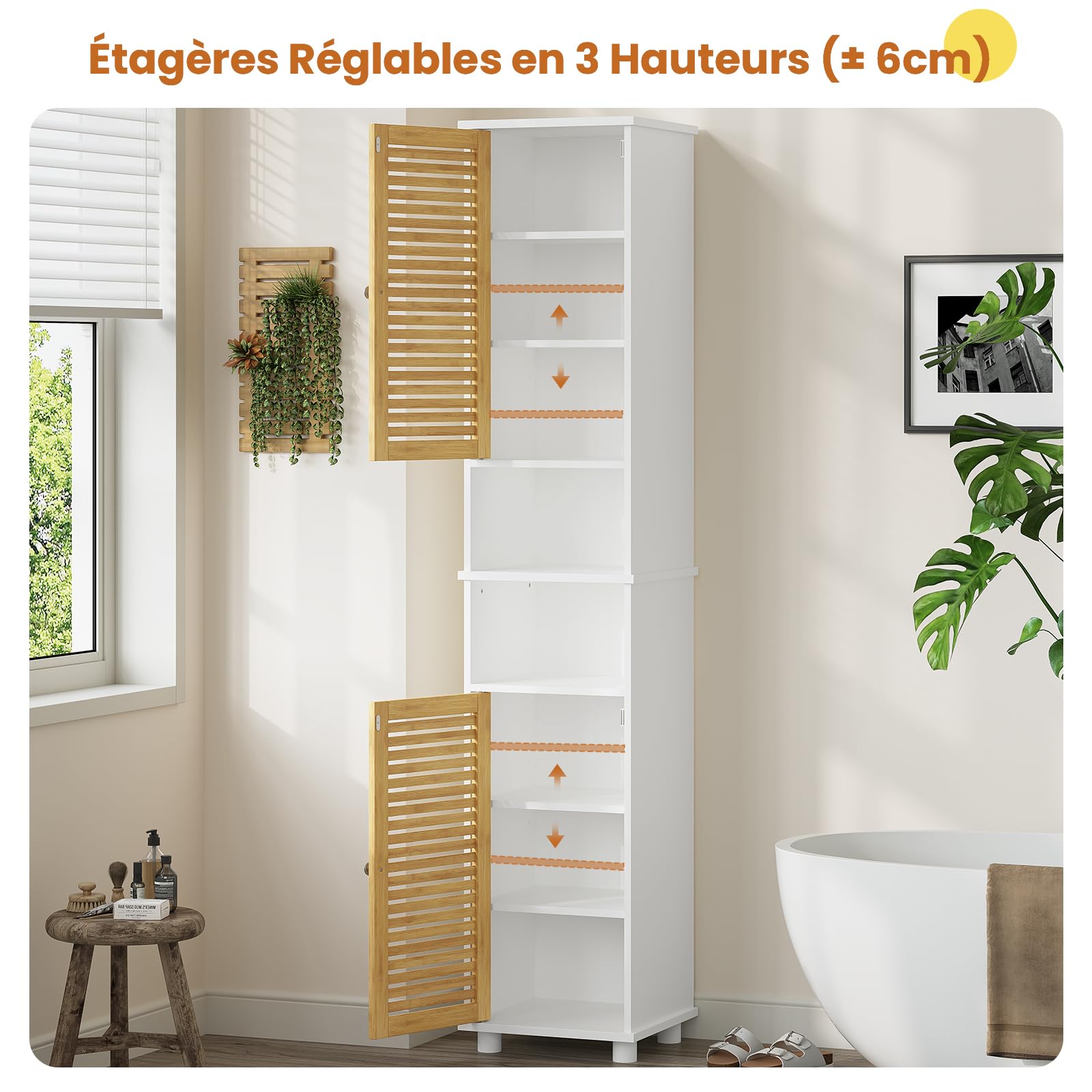 Meuble Colonne Salle de Bain, Armoire de Salle de Bain Haute avec 2 Étagères Ouvertes et 2 Portes en Bambou，Meuble pour Salon, WC, Cuisine, Entrée, 30 × 32 ×190 CM