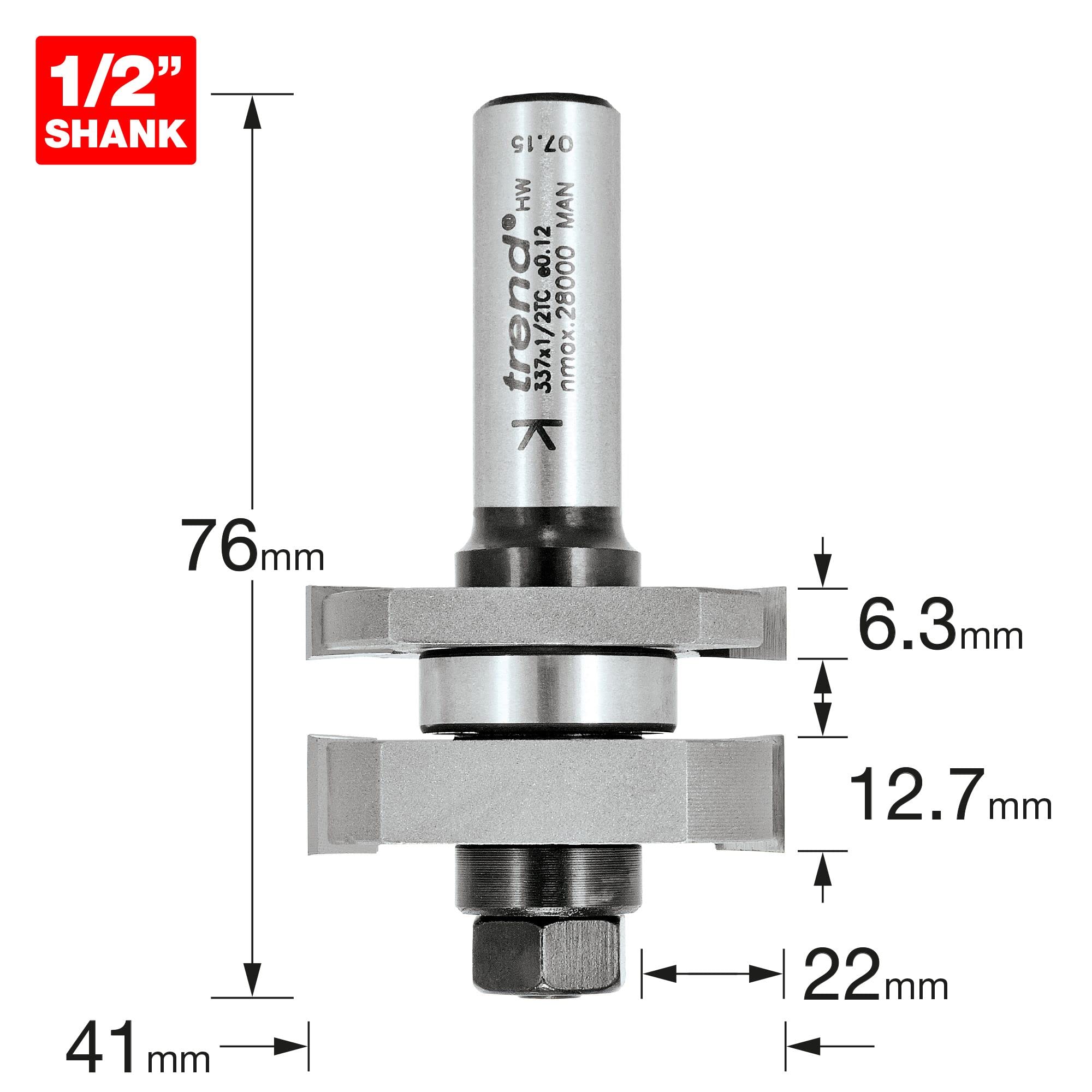 Trend Profesjonalny zestaw frezów do połączeń na pióro i wpust, trzpień 1/2 cala, średnica cięcia 41 mm, długość cięcia 6,35 mm, 337X1/2TC