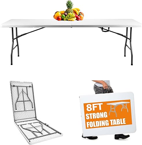 Mesa plegable de 8 pies (30 x 96 pulgadas), mesa de picnic resistente para interiores y exteriores con asa de transporte, mesa plegable de plástico