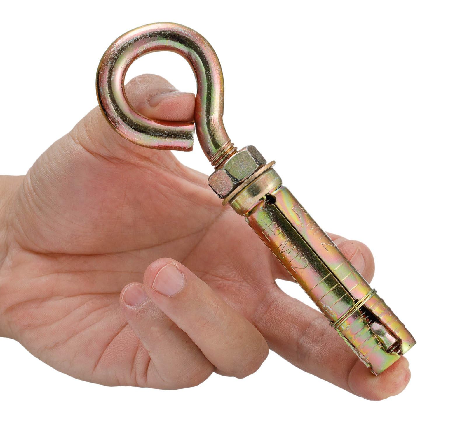 Bullone ad occhiello M12 x 90 mm per muratura con dado esagonale, vite in acciaio zincato giallo con anello per fissaggio resistente, 2 pezzi
