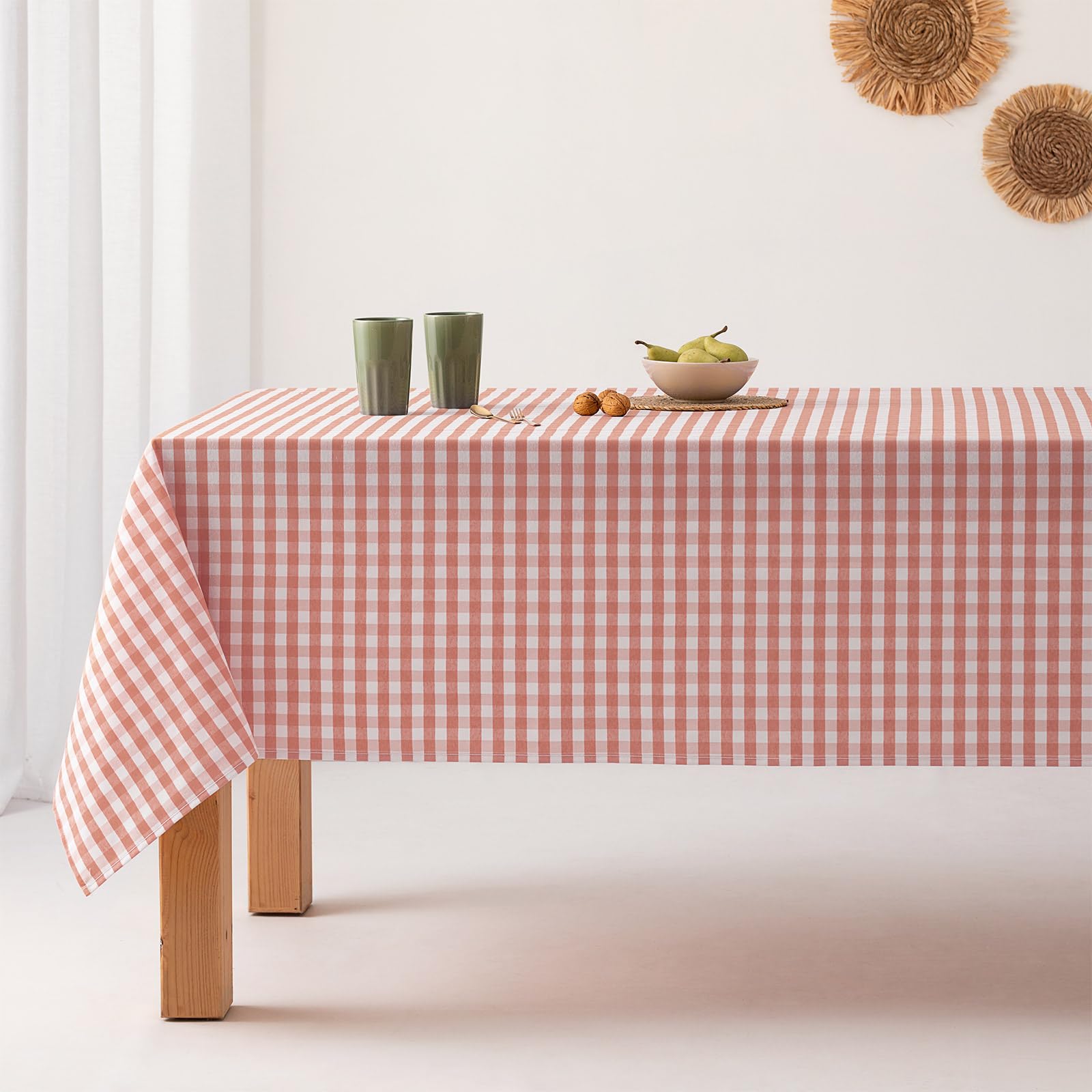 GAMUSI Stain Resistant Rectangular Fabric Tablecloth Vichy Chequered Waterproof Cotton, 140 x 300 cm Salmon Colour - Image 4