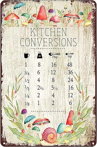 Letrero de metal vintage, tabla de conversión de cocina, letrero de hongos coloridos, póster de decoración de pared para hogar, oficina, club, bar,