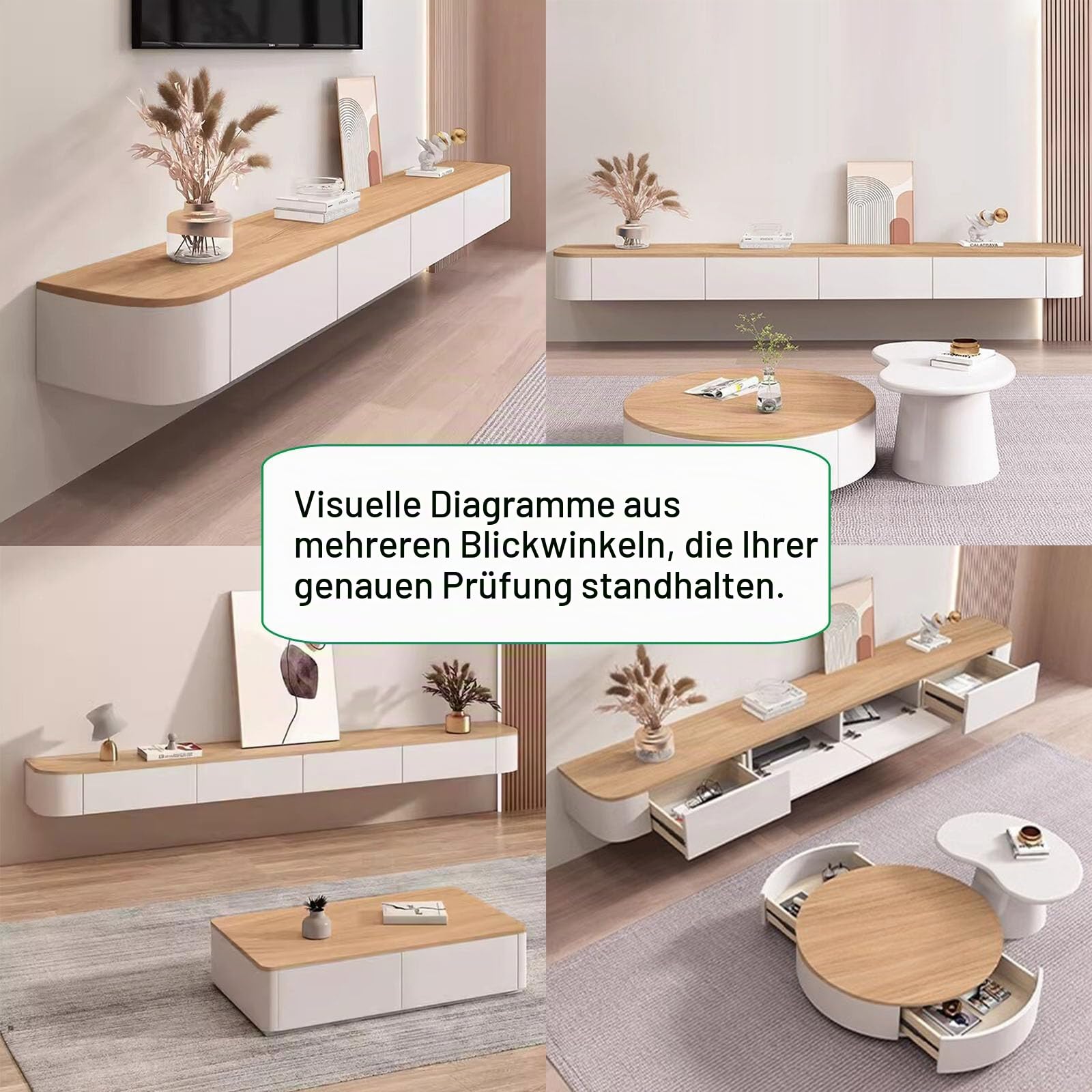 Schwebender TV-Schrank mit Schubladen, TV-Konsole mit integriertem Kabelmanagement, Multimedia-TV-Konsole, Massivholz-TV-Schrank mit Stauraum (montagefrei) (Weiß-Braun, 140CM/55.1IN)