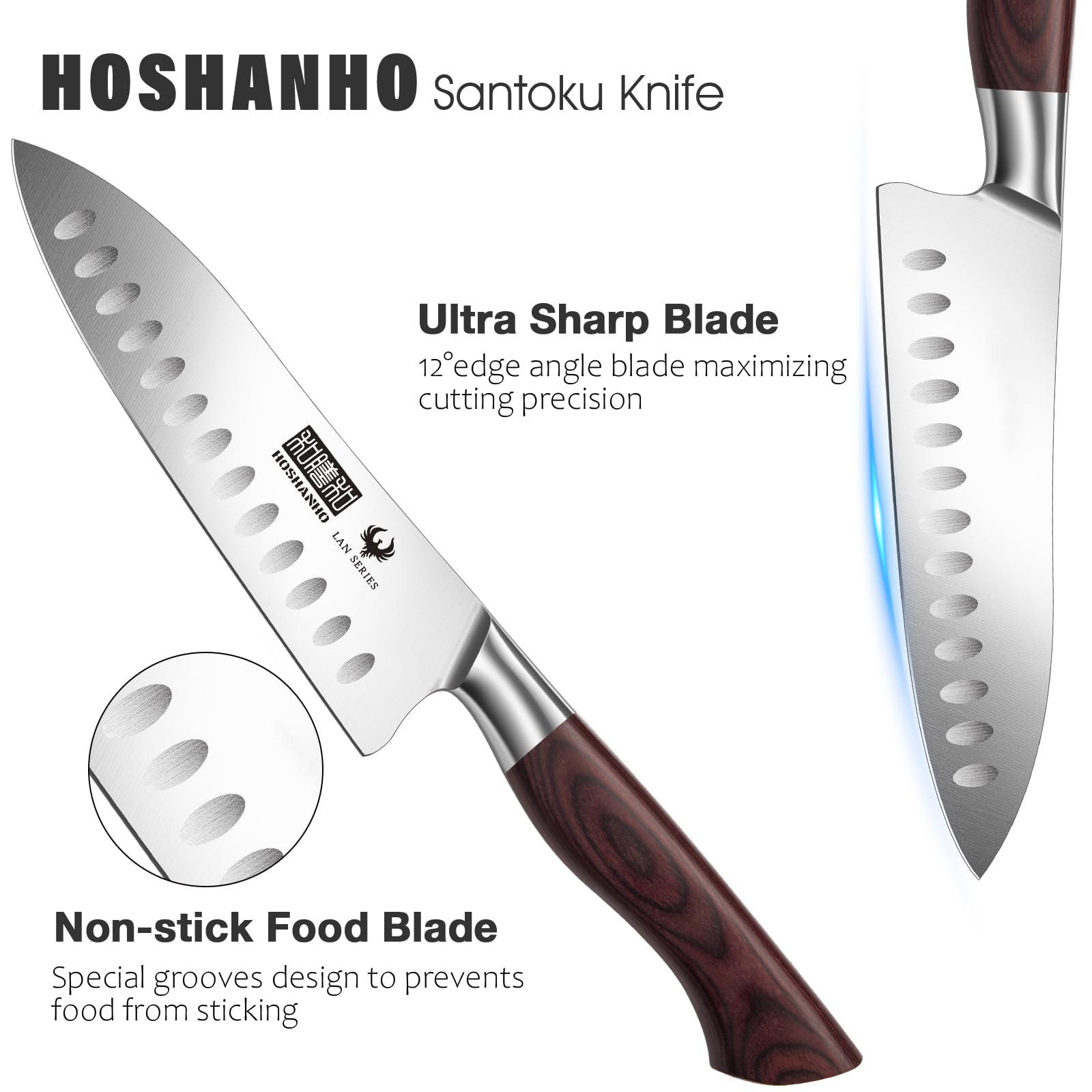 HOSHANHO Couteau Santoku 18cm, Professionnel Couteau de Cuisine, Couteau de Chef Japonais Ultra Tranchant, Couteau de Cuisine à Acier à Haute Teneur en Carbone avec Ergonomique en Bois