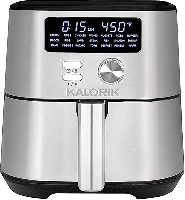 Kalorik MAXX® Digital Air Fryer FT 47821 BKSS | 4 Quart 7-in-1 Oilless Fryer with 7 Cooking Functions | LED Display with 21 Smart Presets | Nonstick Air Frying Basket | Recipe Book | 1600W | Stainless Steel & Black