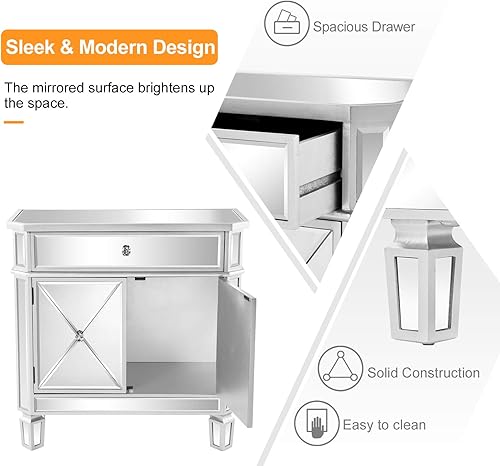 Miniatura 3 de VINGLI Armario con espejo, mesita de noche con espejo, cofre de espejo con espejo, mesita de noche grande con 1 cajón y dos puertas, 27.5 pulgadas