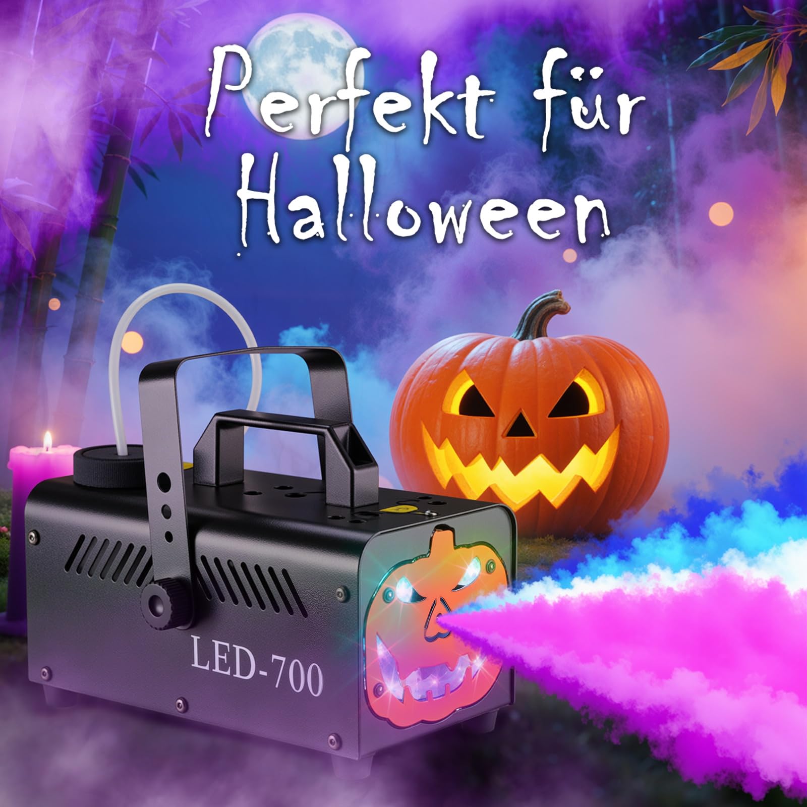 MAMIZO Machine à Fumée Halloween à Citrouille, avec 9 LED RGB et 13 Couleurs, 5000 CFM Fumée Halloween, Machine à Brouillard avec Fonction Auto-Spray, Portable, pour Halloween, Noël et Fêtes