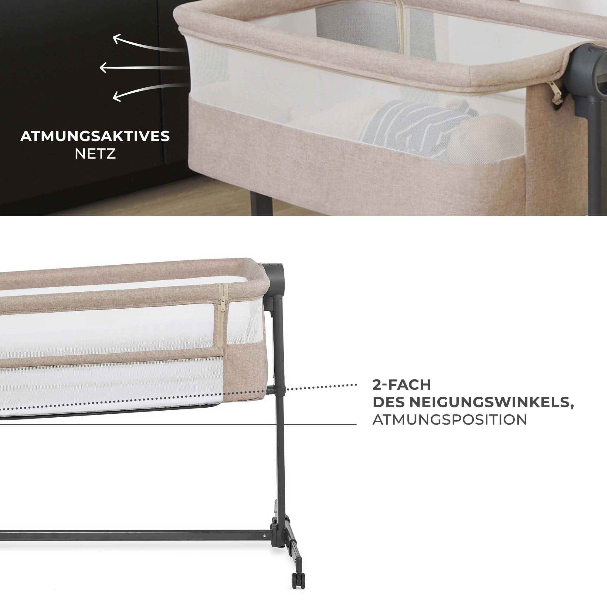 Kinderkraft NESTEE UP 2 Beistellbett 2 in 1, Kinderreisebett mit Matratze Laken, 5-stufige Matratzenhöhenverstellung, 4 Rädern mit Bremse, Weichen Material, Leichte Konstruktion, Beige