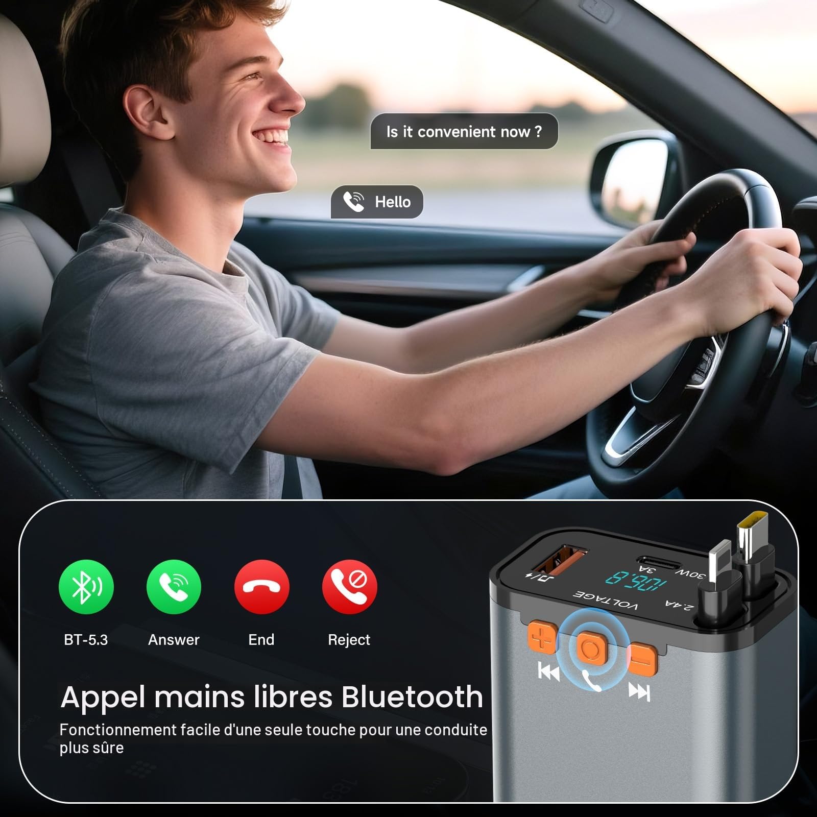 SEANCHEER Transmetteur FM Bluetooth Voiture & Allume Cigare USB C, 69W Chargeur Voiture avec 2 Câbles Rétractables, Bluetooth 5.3, Téléphone Kit Main Libre, Adaptateur Radio pour Autoradio
