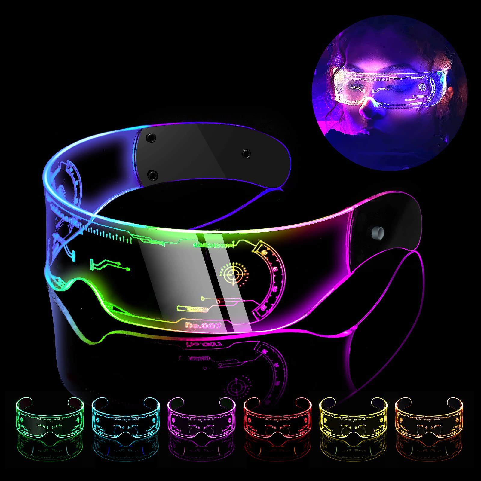 flintronic LED Light Up Glasses, Cyberpunk Luminous Neon Glasses, 7 Colors Rechargeable Party Glasses for Cosplay, Fancy Dress Costume Funny Shine Glasses Festival Outfits — image 1
