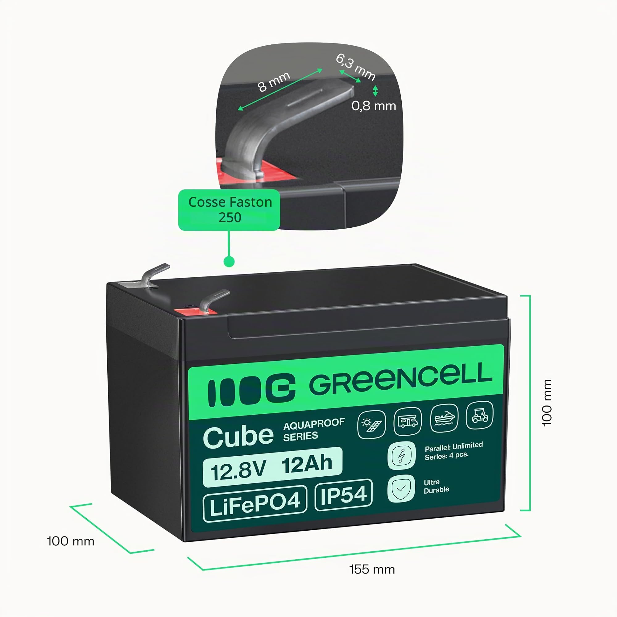 Green Cell Cube LiFePO4 Batterie 12 Ah 12,8 V – Batterie Lithium-Fer Phosphate pour Camping-Cars, Bateaux, systèmes solaires, systèmes Hors réseau, avec BMS, légère et sûre