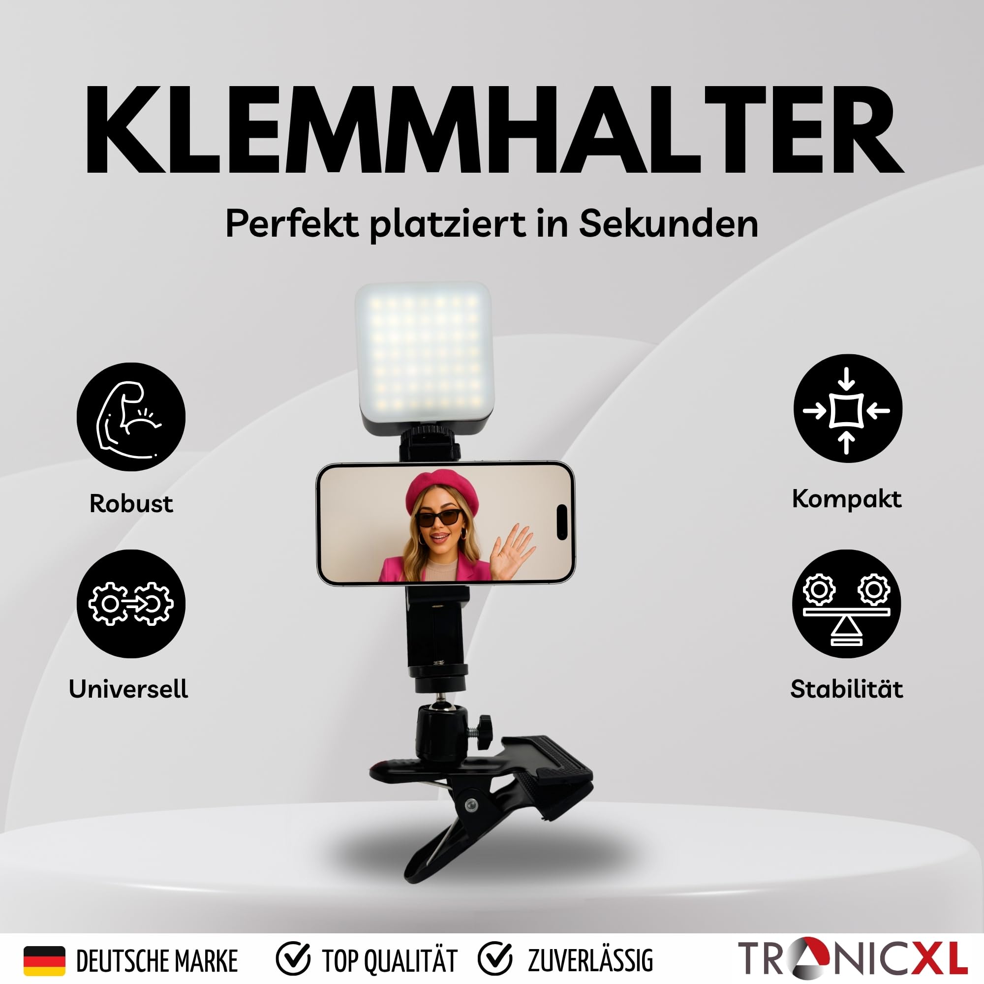 TronicXL Uchwyt stołowy do smartfona z wyzwalaczem do selfie i lampą LED, statyw zaciskowy, uchwyt zaciskowy, uchwyt do iPhone'a, telefonu komórkowego, statywu do aparatu, stołów, statywu wideo