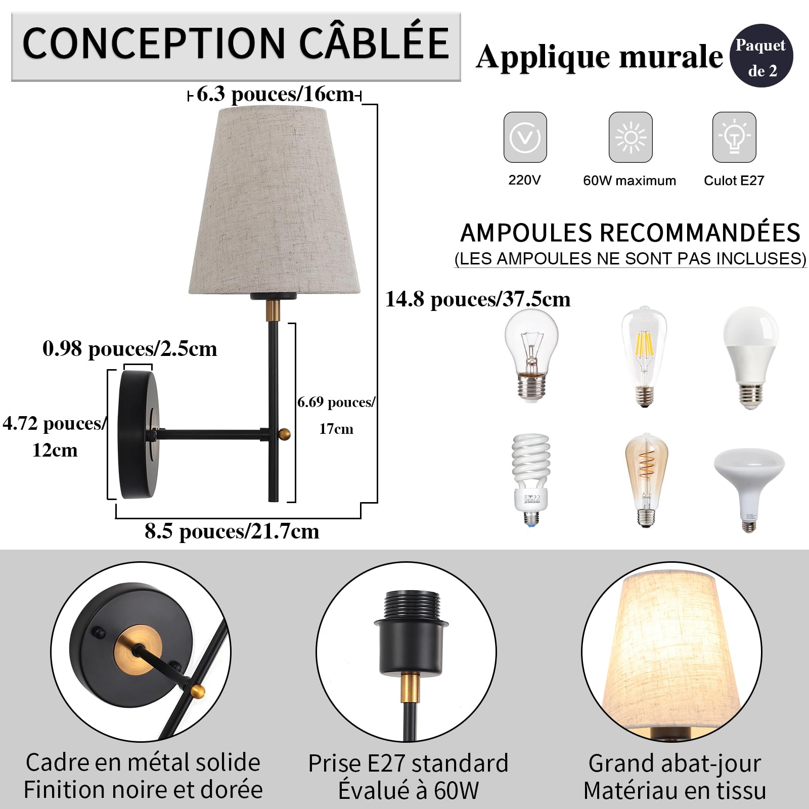 Applique Murale Intérieure Vintage, Lot De 2 Doré Lampe Murale Noir Et Doré | MRHYSWD Appliques Murales Intérieure Chambre Salon Cuisine Salle À Manger Couloir, Luminaire Mural E27 Sans Ampoules
