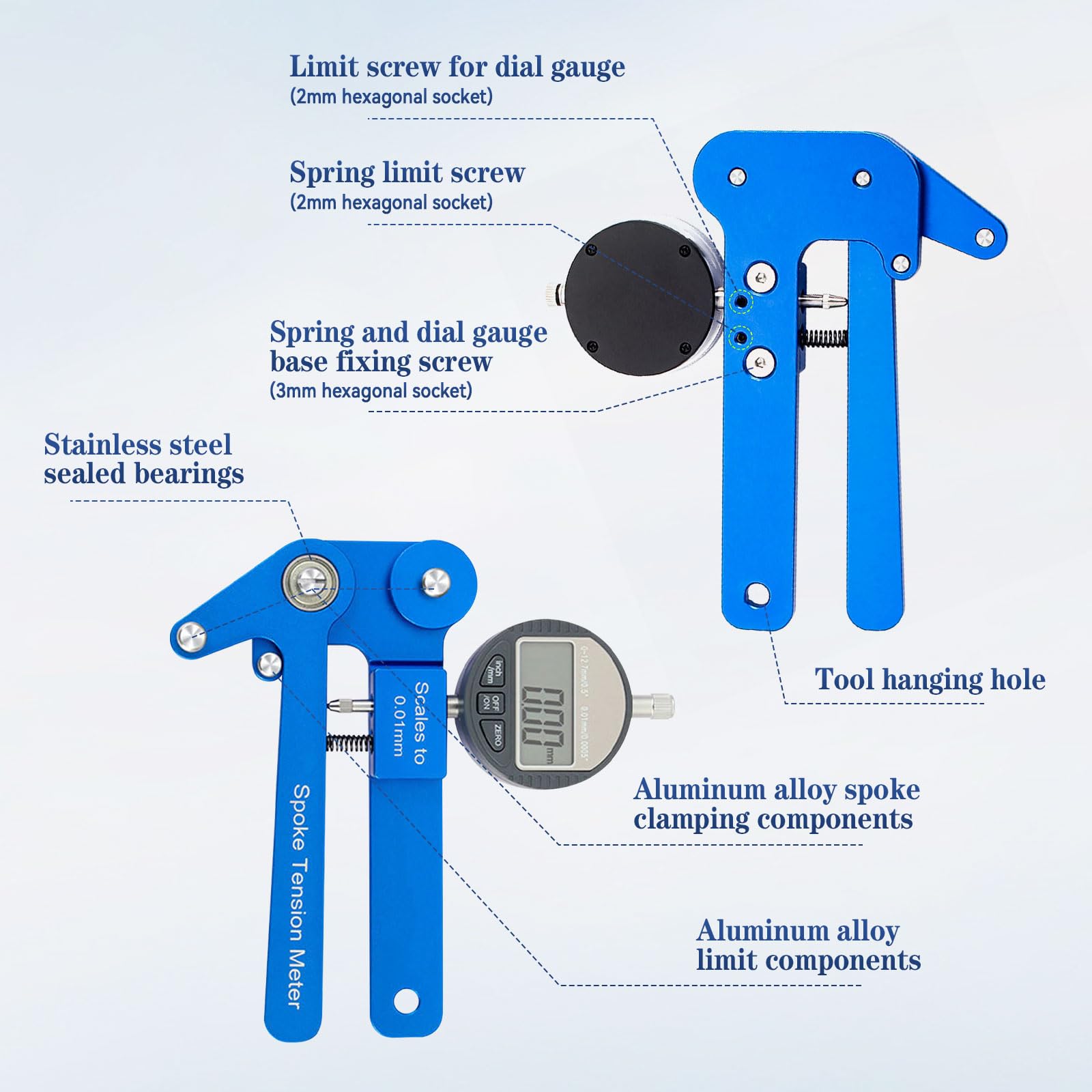 Fahrrad-Speichen-Spannungsmesser, Aluminiumlegierung, hohe Präzision, genaue Anzeige, Fahrrad-Speichenspannungsmesser mit Fahrradspeichenschlüssel-Werkzeug