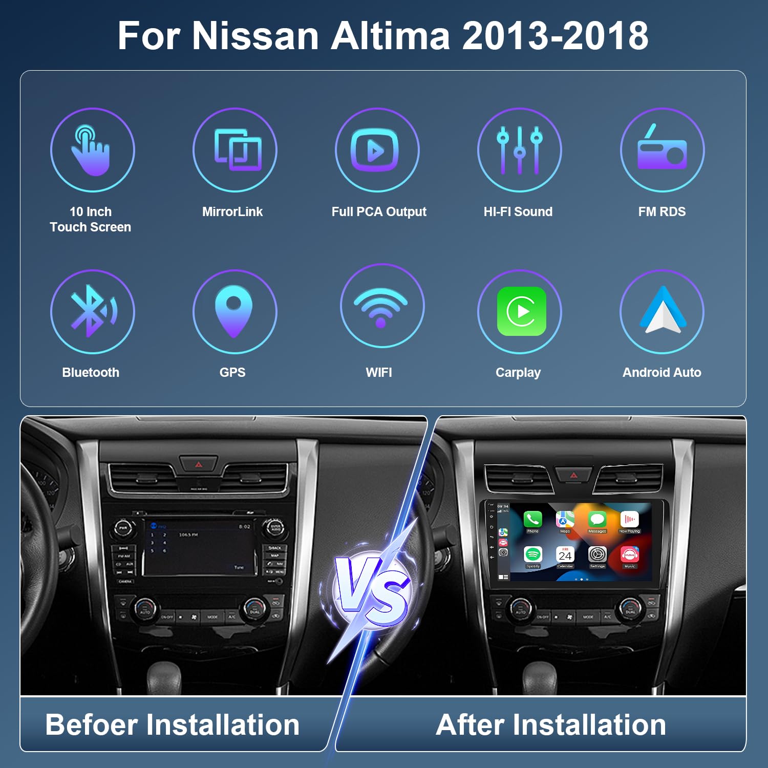 10 Inch Car Stereo Radio for Nissan Altima 2013-2014-2015-2016-2017-2018 with Carplay/Android Auto, IPS Touch Screen Android 13 Car Radio with GPS Navigation Bluetooth,2+32GB