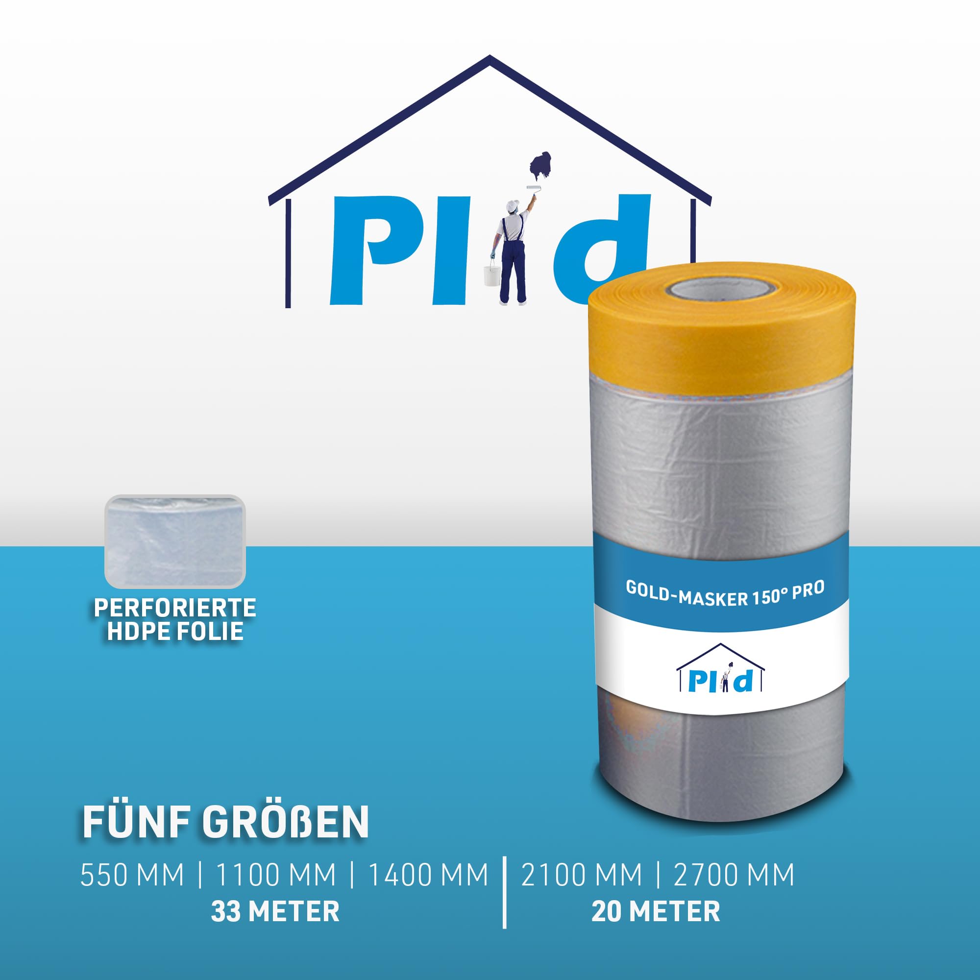 Plid Gold-Masker 150° Pro - 10 Rollen x 2700mm - Abdeckfolie & Klebeband | Goldband | Malerfolie mit Klebeband | UV-beständig | Scharfe Farbkanten | Rückstandsfrei entfernbar | Hohe Klebekraft