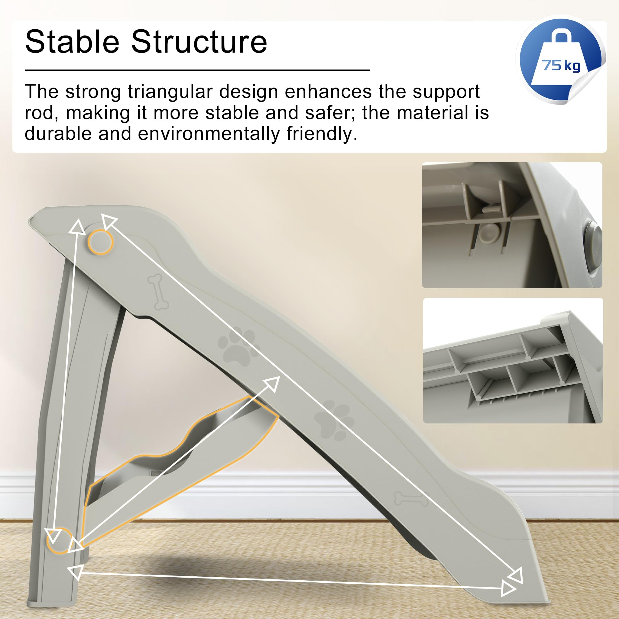 UISEBRT Escalera plegable para perros, 4 peldaños, para mascotas, con alfombrilla antideslizante y barra de apoyo para mascotas de hasta 75 kg, color gris