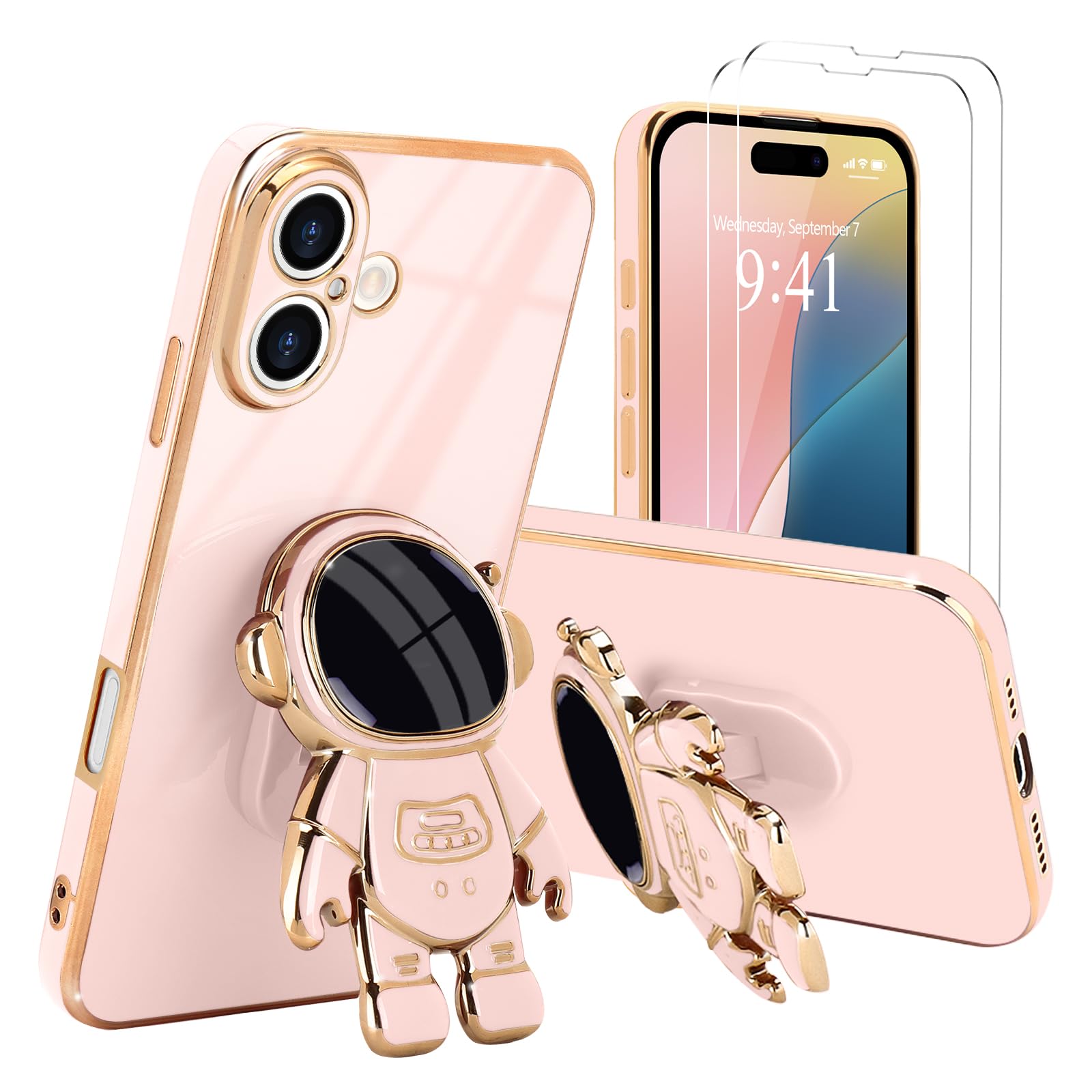 Pepmune for iPhone 16 Case, Cute 3D Astronaut Stand with [2 Screen Protector] [Camera Protection] Kickstand Shockproof Bling Silicone Soft Phone Back