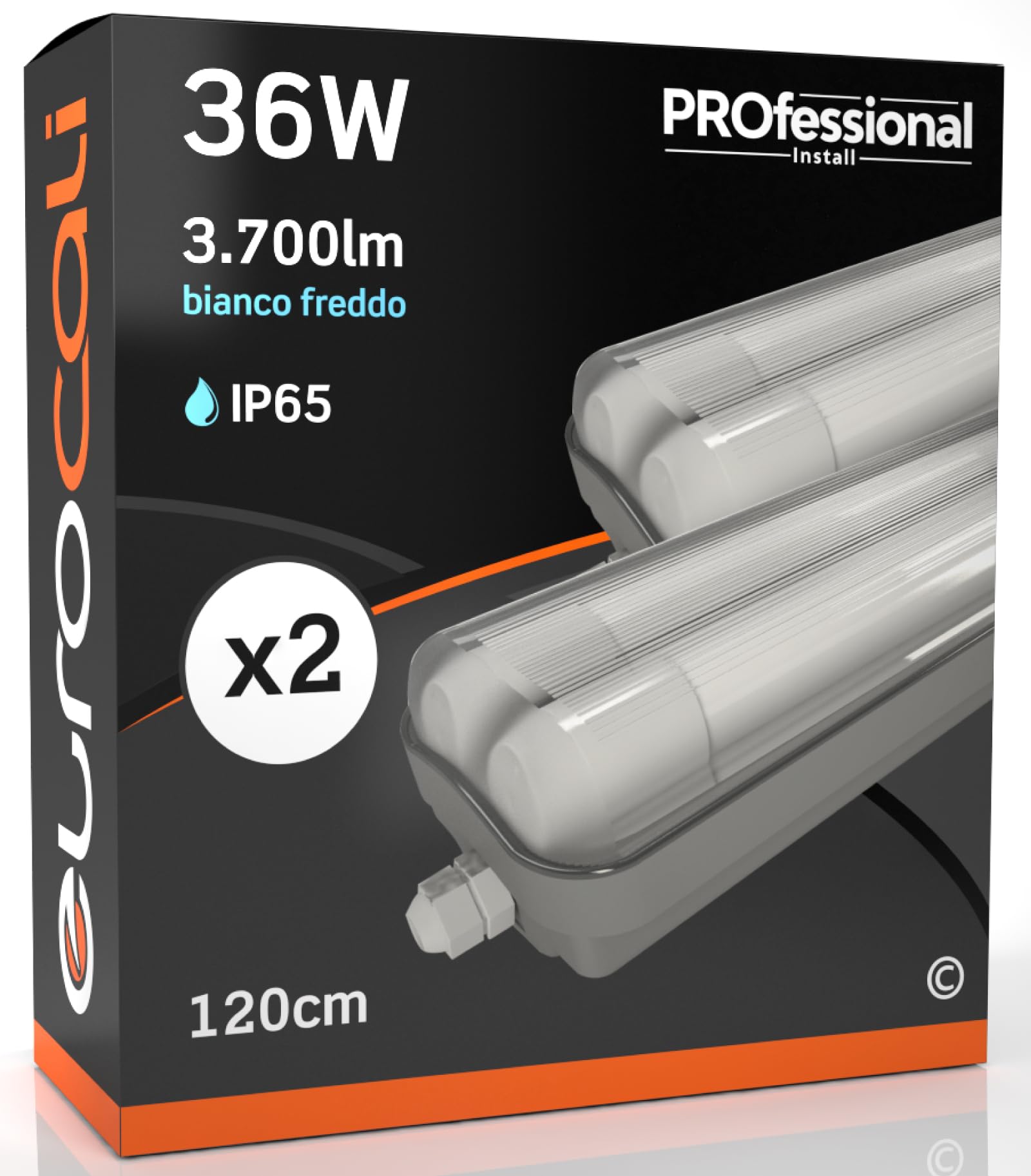 2x Plafoniera LED a 2 Tubi 36W Impermeabile (2x 18W) Trasparente IP65 3700 lumen - Forma: Tubolare - Luce Bianco Freddo 6500K - Fascio Luminoso 120°