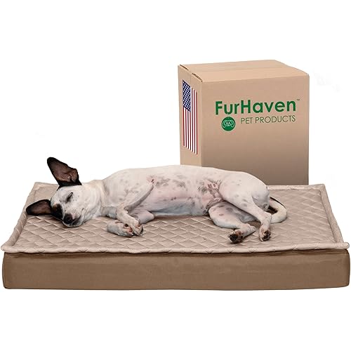 Furhaven Water-Resistant Memory Foam Dog Bed for Medium/Small Dogs w/ Removable Quilt Top & Washable Cover, For Dogs Up to 35 lbs - Indoor/Outdoor Quilt Top Convertible Mattress - Sand, Medium