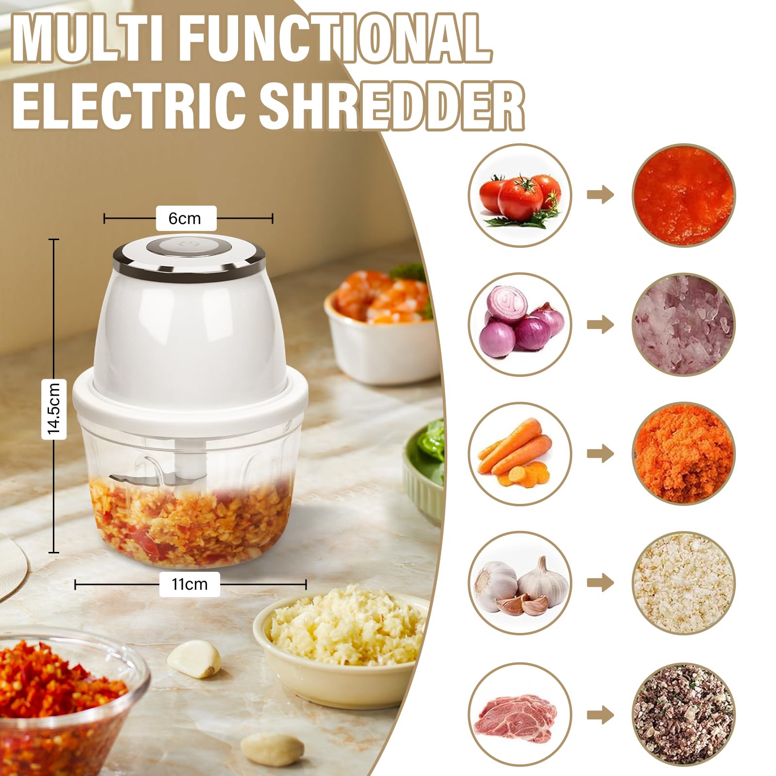 Tritatutto da Cucina Elettrico 350ml, Frullatore Piccolo Portatile con 3 Lame per Carne Frutta Peperoncino Cipolle Aglio - Bianco