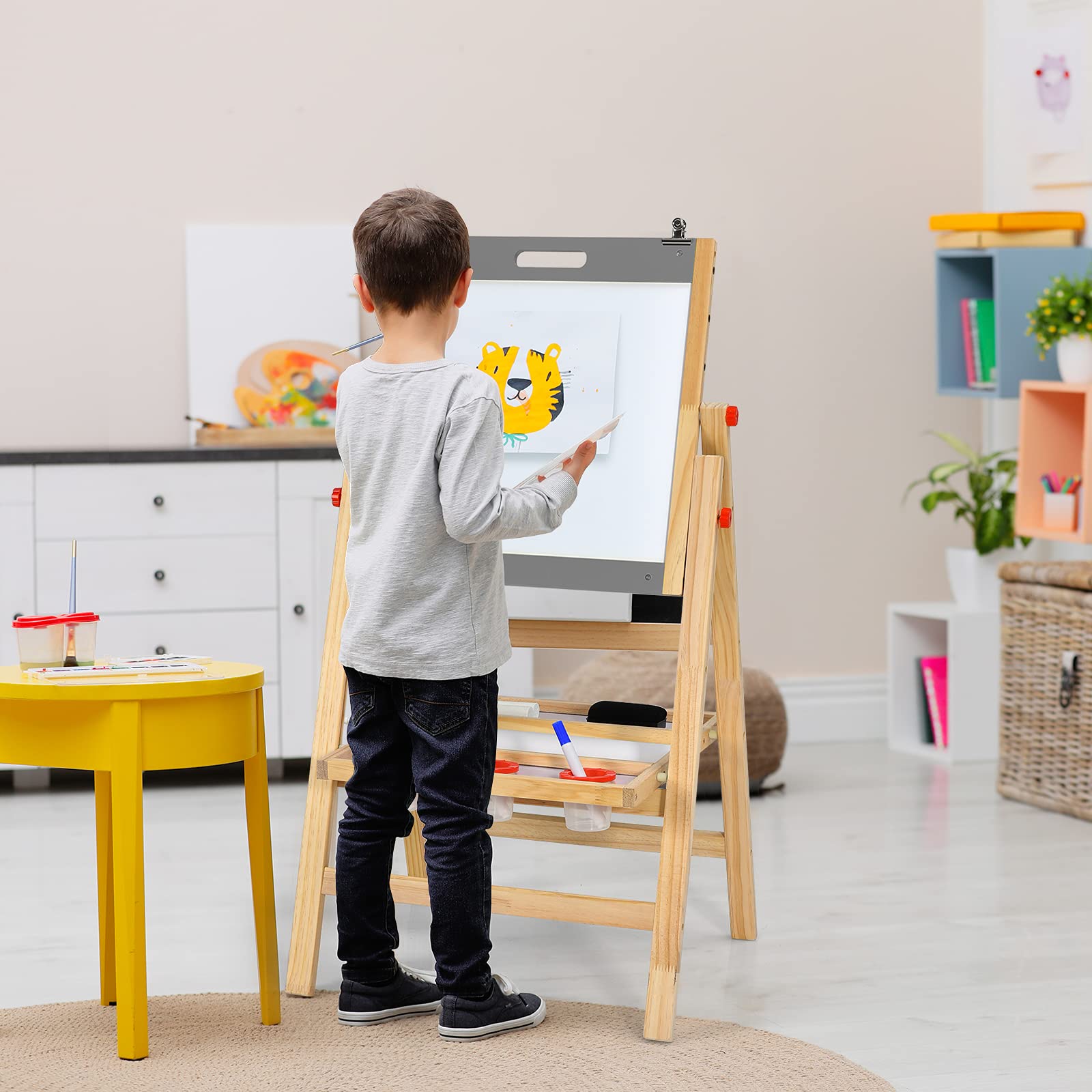 LIFEZEAL Caballete infantil con Pizarra 2 en 1, caballete con doble cara para niños, altura ajustable, tabla de madera plegable, pizarra magnética y pizarra negra con accesorios y estante (gris)