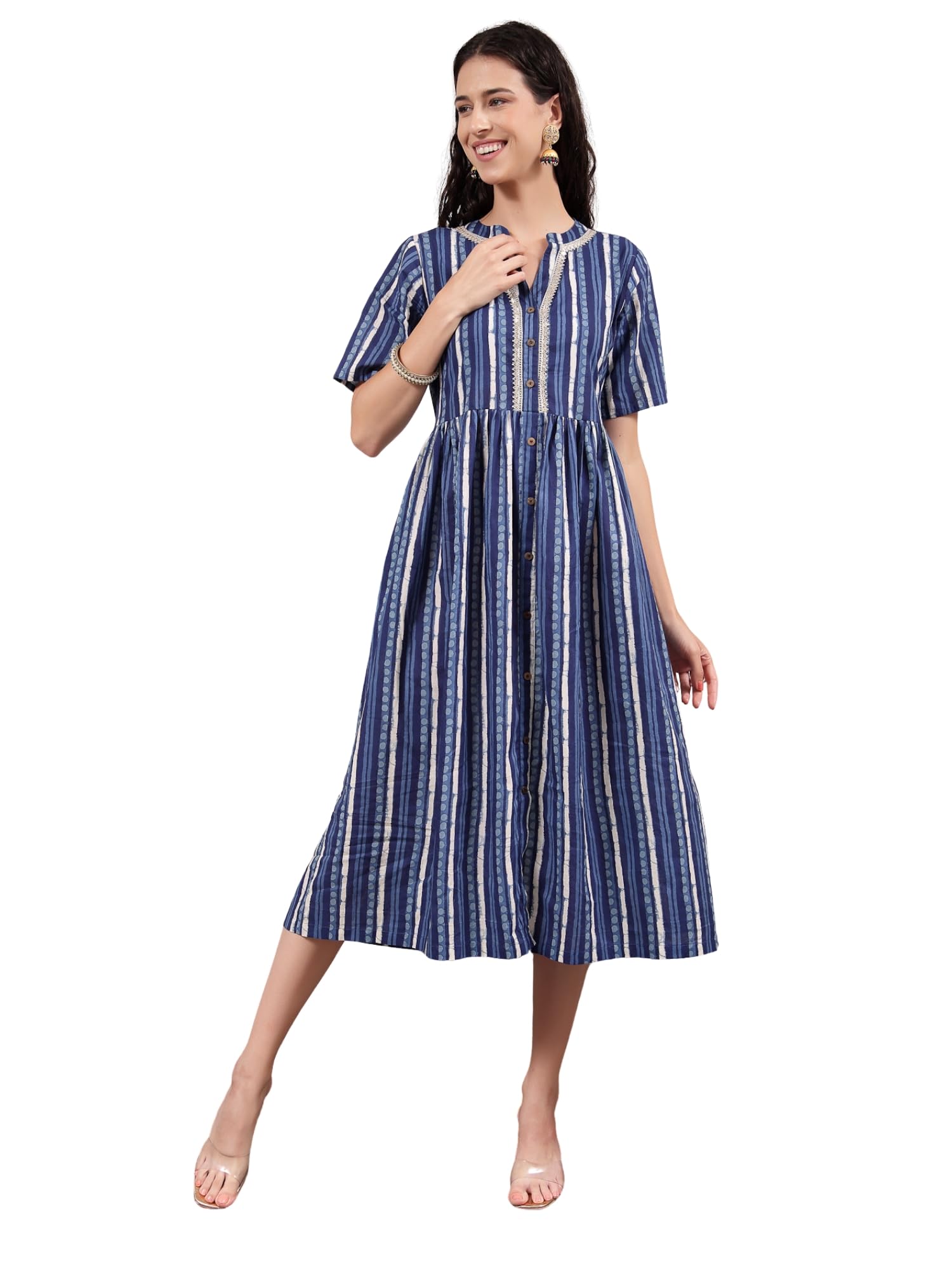 zelena Cotton Maternity Dress | Zipless Maternity Wear | Metallic Lace & Side Sash | Pregnancy & Postpartum Wear-picture-49