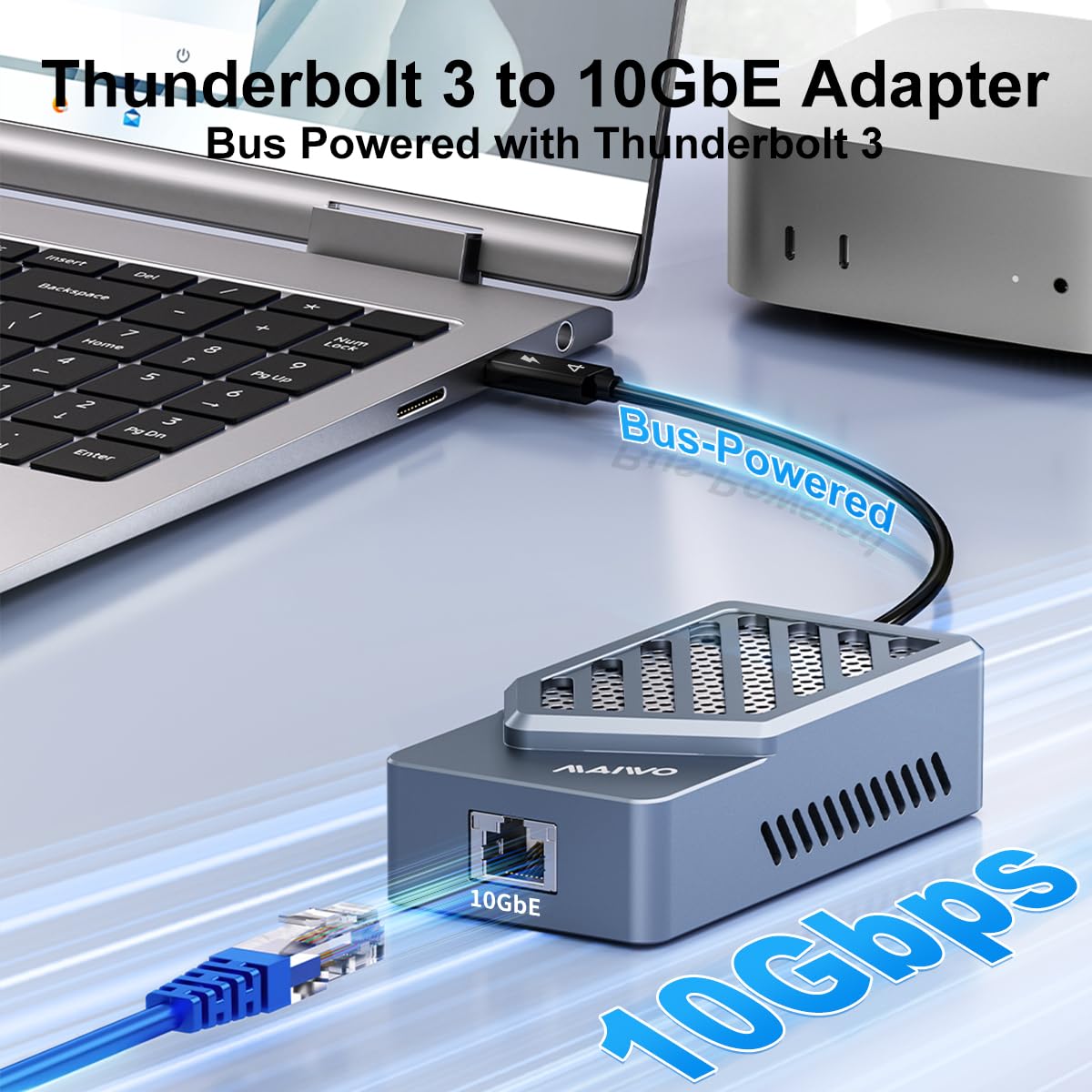 MAWIO Thunderbolt 3 to RJ45 10Gbps Ethernet Adapter with Thunderbolt 4 Data Cable Built-in Fan, Support 10/5/2.5/1Gb/s 100Mb/s Base-T, Compatible with TB3/4/5 Ports