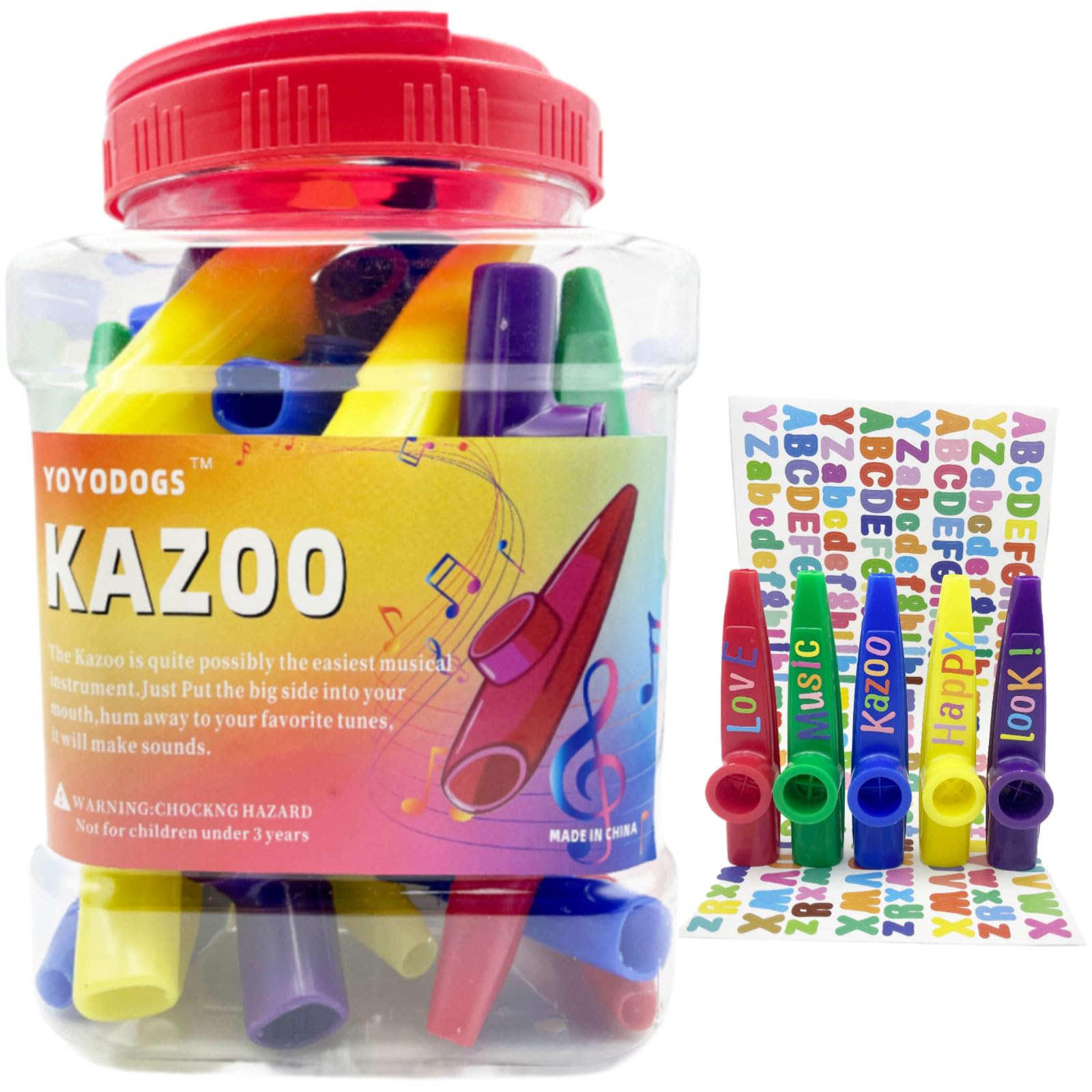 YOYODOGS 42pcs Plastic Kazoo Bulk with 208pcs Alphabet Stickers Game Multiple Colors Kazoo for Kids Adult Musical Instruments Tones for Classroom Party Favors Comedic or Playful Purposes