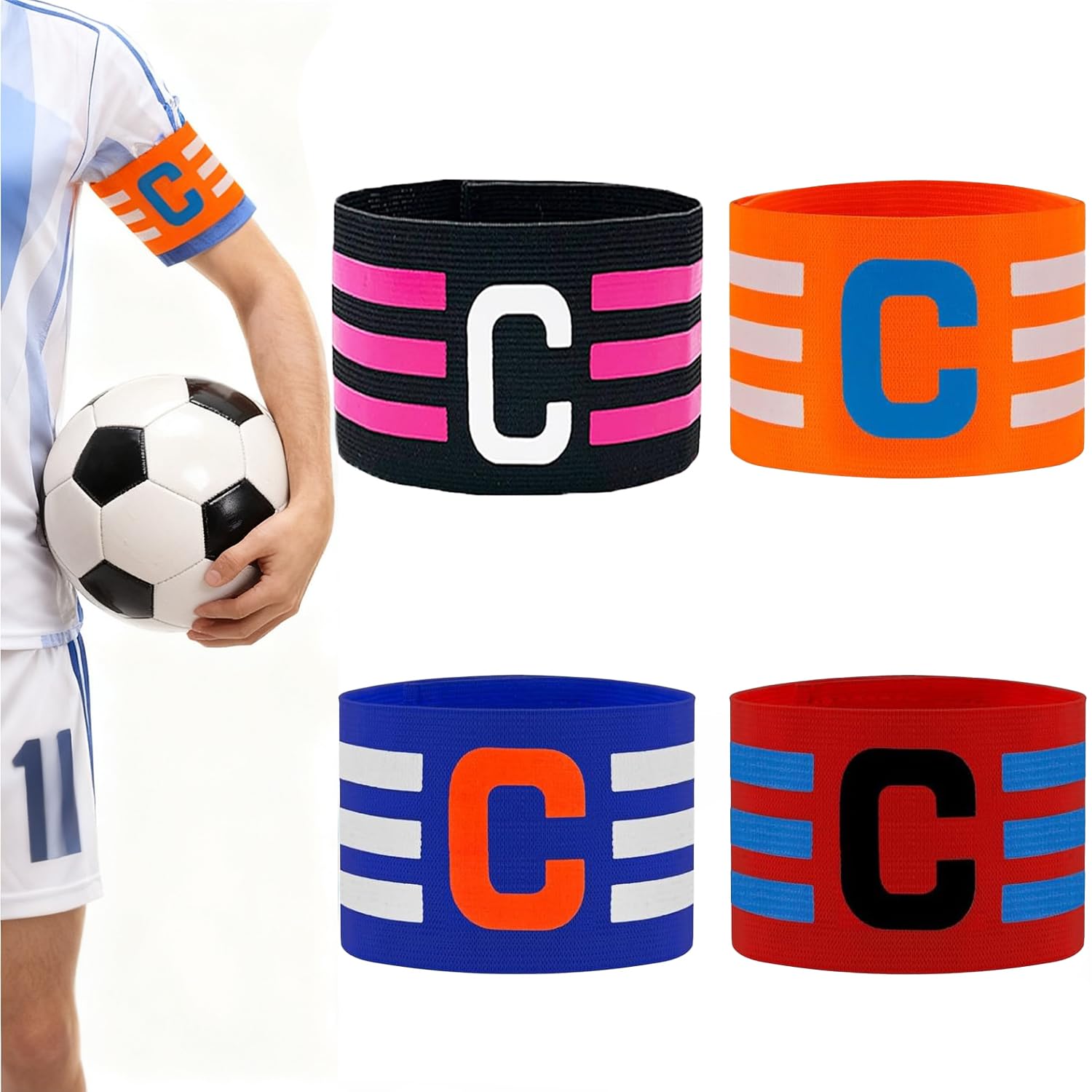 Ousuwo 4Pcs Captain's Armband, Adjustable 33x7cm Polyester Bands with 3 Stripes and C Logo for Football Rugby Hockey Netball Sports (Orange Blue Black Red)