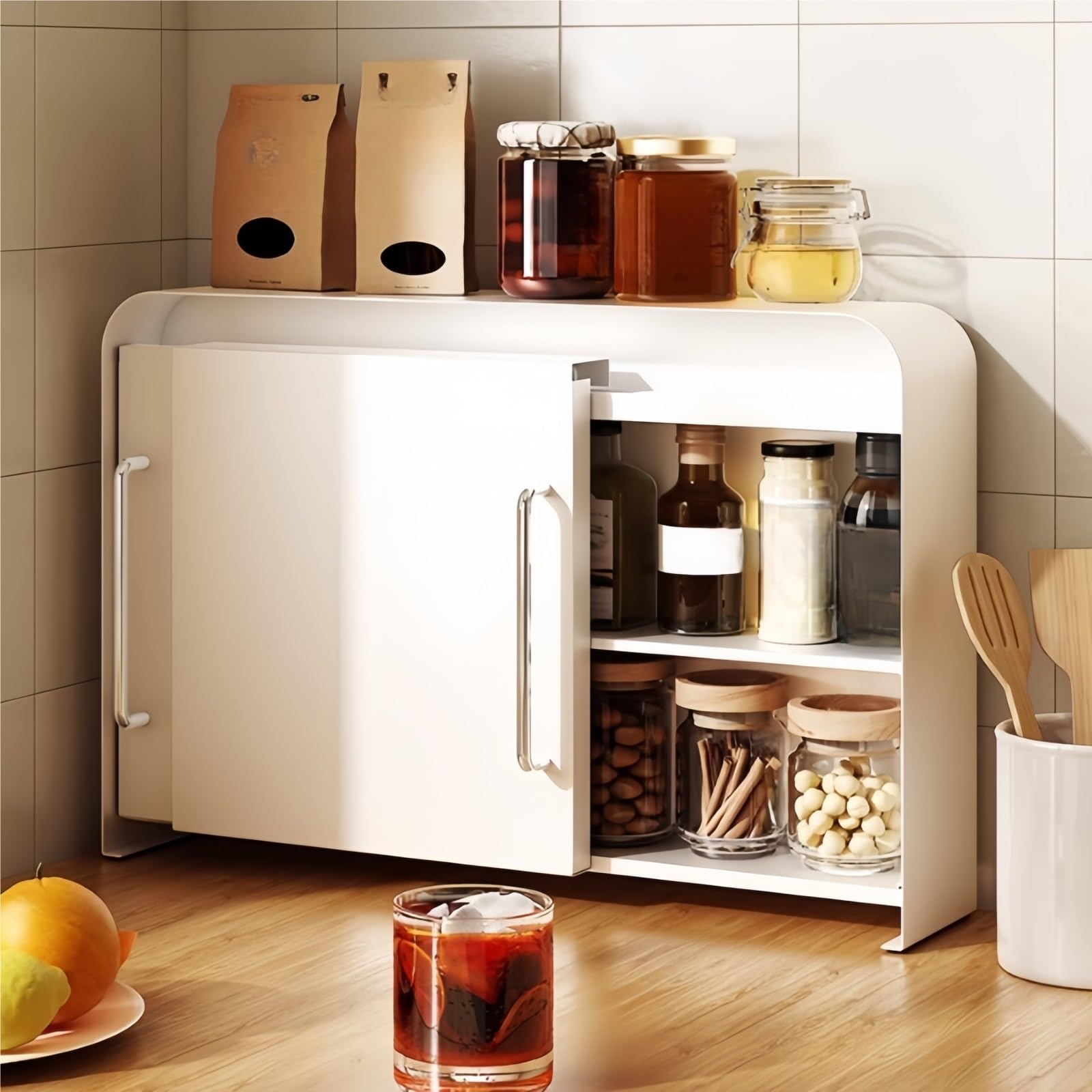 Küchenregal mit ausziehbarem Gewürznizer, Metall, Gewürzregal und Schranktür, platzsparende Aufbewahrung für Tassen, Schreibtisch, Sideboard