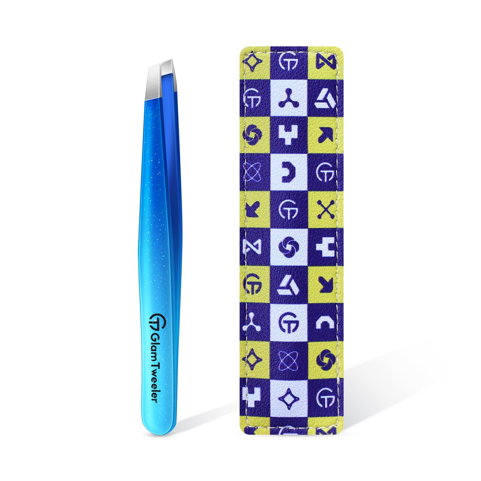 Expert Pinzette mit abgeschrägter Spitze und Leder-Reiseetui, GlamTweeler scharfe und präzise Edelstahl-Pinzette für Augenbrauen, Gesichtshaare und feine Haarentfernung (funkelndes Königsblau & Aqua)