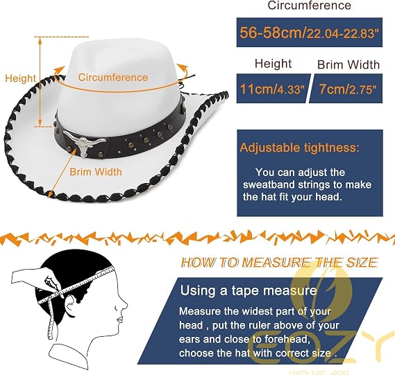 Western Cowboy Hat for Women Men Wave Brim Roll Up Cowgirl Hat with Bull Band