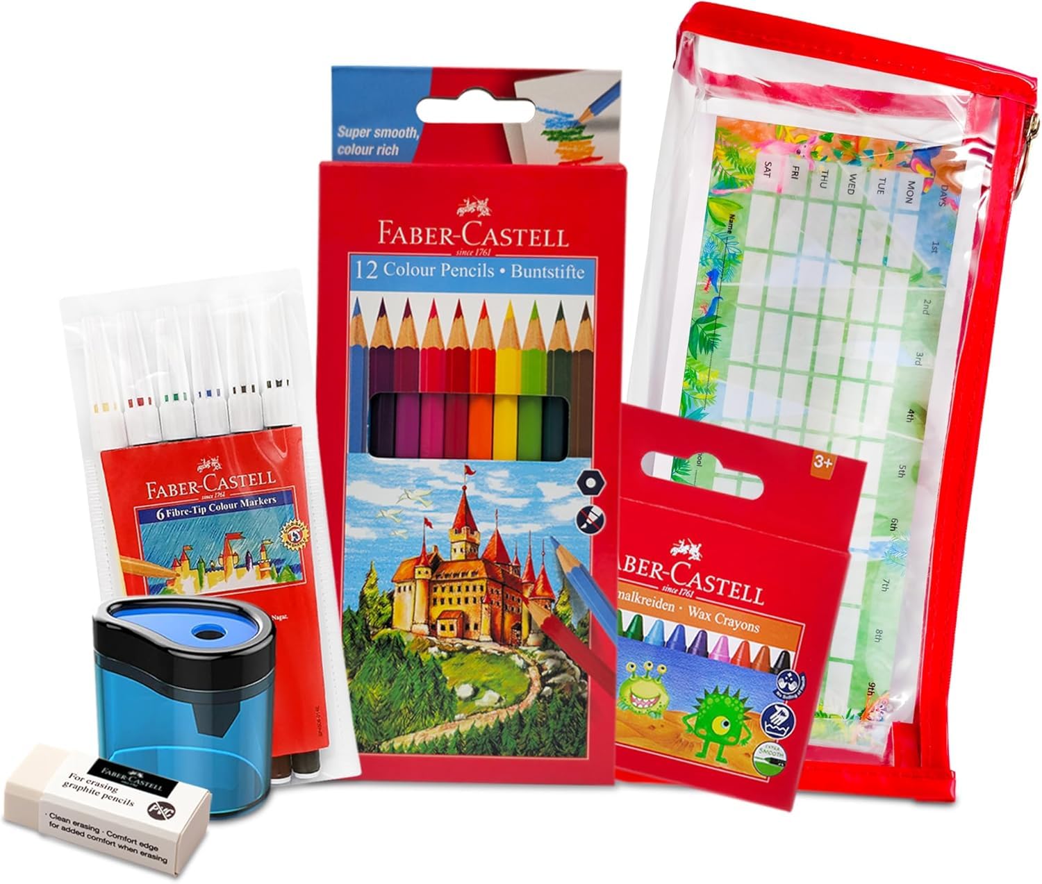 School Stationery Colouring Kit, Color pencils 12Colours+Fibre tip Color pen 6colour+ Wax Crayons 12 colors+ PVC free Eraser+ Barral Sharpener+ Clear Pouch