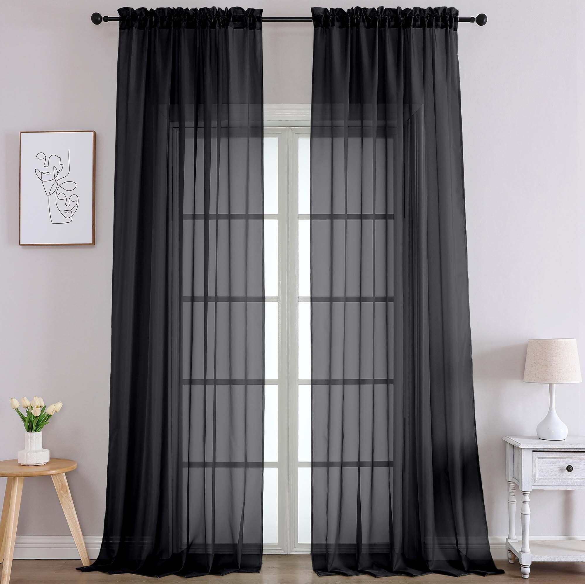 Chyhomenyc Extra Long Black Sheer Curtains 120 Inches Long 2 Panels, Light Filtering Black Curtains for Living Room, Soft Gentle Voile Rod Pocket Bedroom Window Drapes, 59Wx120L Inch, 10FT, 2PCS — image 1