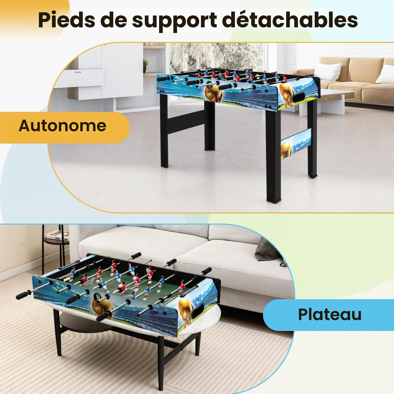 HOMASIS Table de Babyfoot 2 en 1 pour Enfants et Adultes, avec Pieds Amovibles, 2 Balles, 14 Kickers et 2 Compteurs de Points, pour Fêtes et Réunions